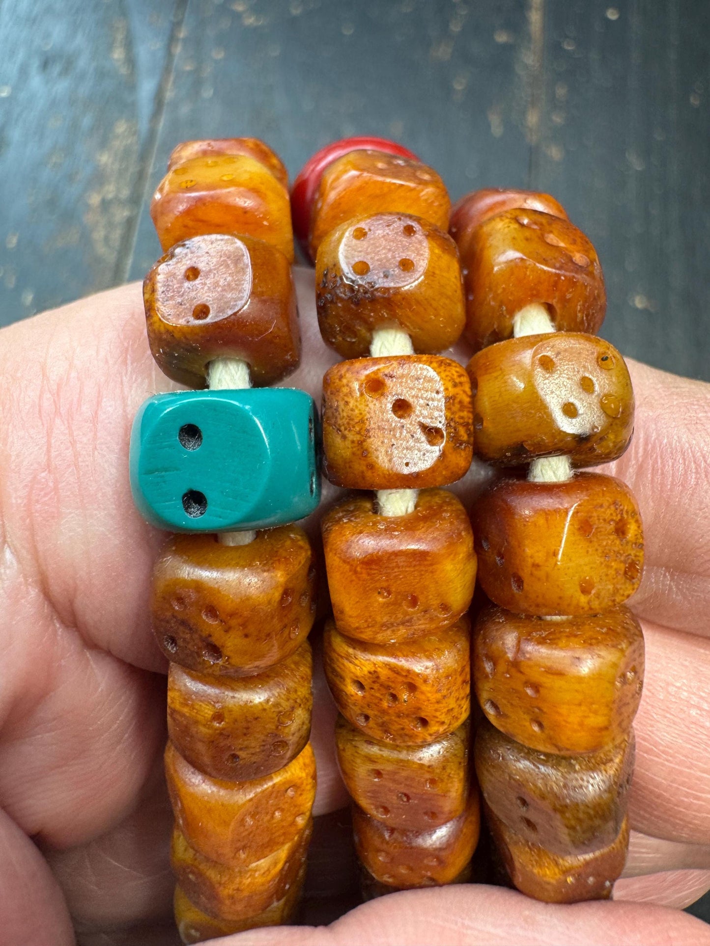 Tibetan Yak Bone Dice Mala 108 Beads – 33” Long Prayer Necklace – Resin Spacer Beads – Kapala Skull Accent – Vintage Style Buddhist Mala