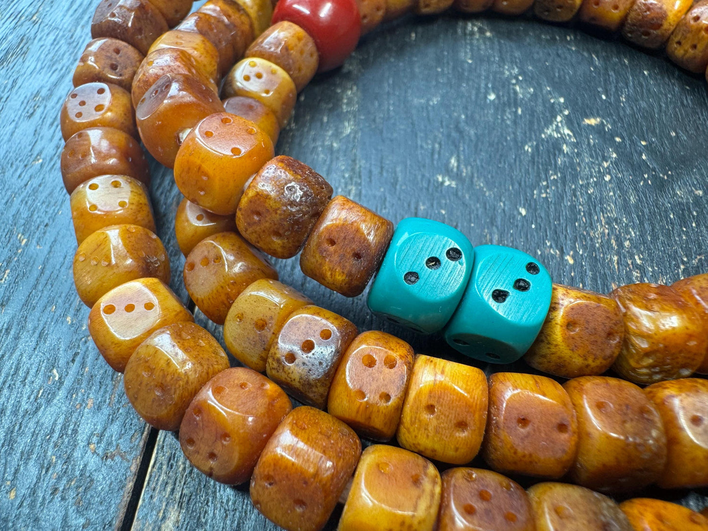Tibetan Yak Bone Dice Mala 108 Beads – 33” Long Prayer Necklace – Resin Spacer Beads – Kapala Skull Accent – Vintage Style Buddhist Mala