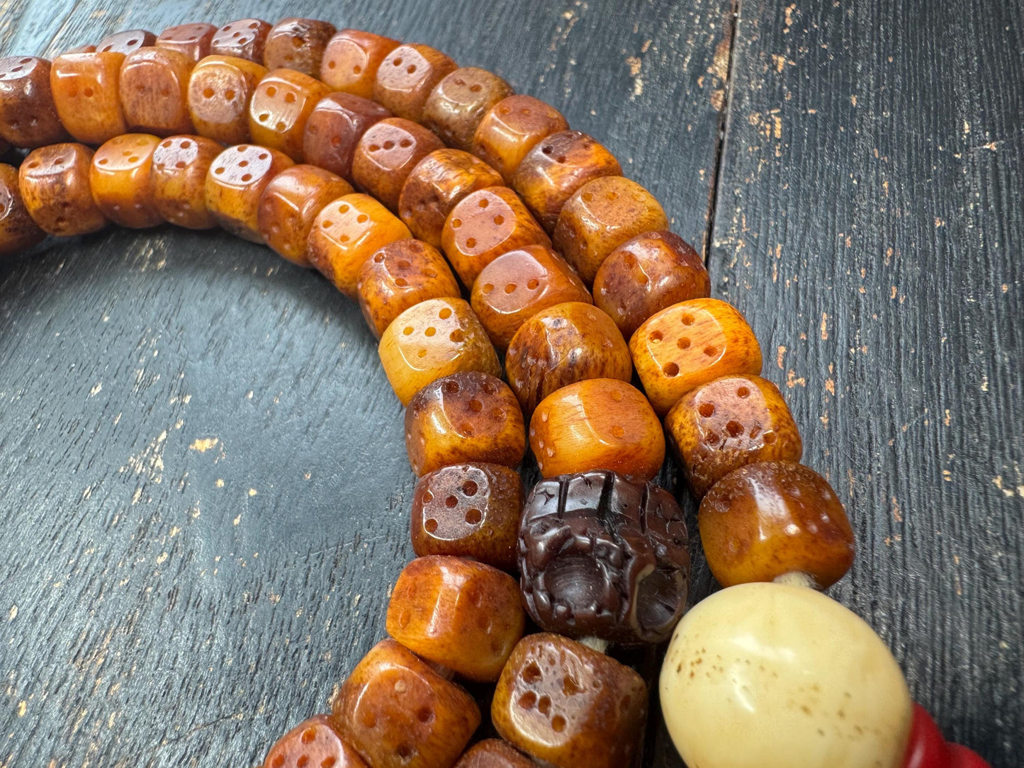 Tibetan Yak Bone Dice Mala 108 Beads – 33” Long Prayer Necklace – Resin Spacer Beads – Kapala Skull Accent – Vintage Style Buddhist Mala