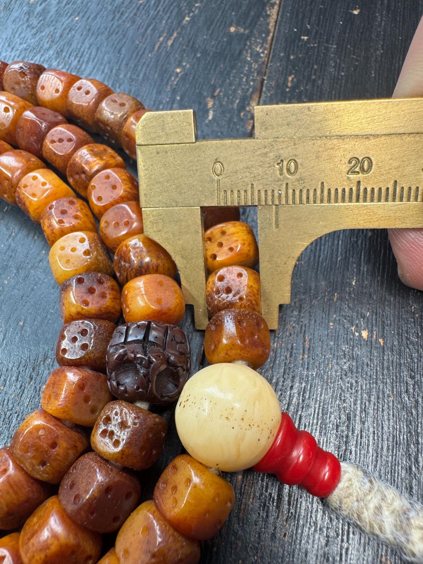 Tibetan Yak Bone Dice Mala 108 Beads – 33” Long Prayer Necklace – Resin Spacer Beads – Kapala Skull Accent – Vintage Style Buddhist Mala