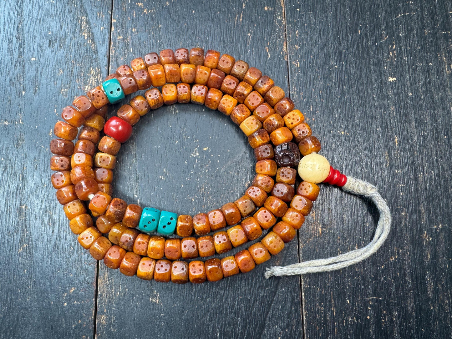 Tibetan Yak Bone Dice Mala 108 Beads – 33” Long Prayer Necklace – Resin Spacer Beads – Kapala Skull Accent – Vintage Style Buddhist Mala
