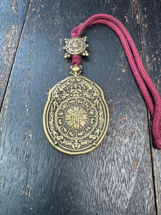 Tibetan Brass Dharma Wheel Pendant – Eight Auspicious Symbols Amulet – Vintage Style Buddhist Necklace – Himalayan Talisman on Cord