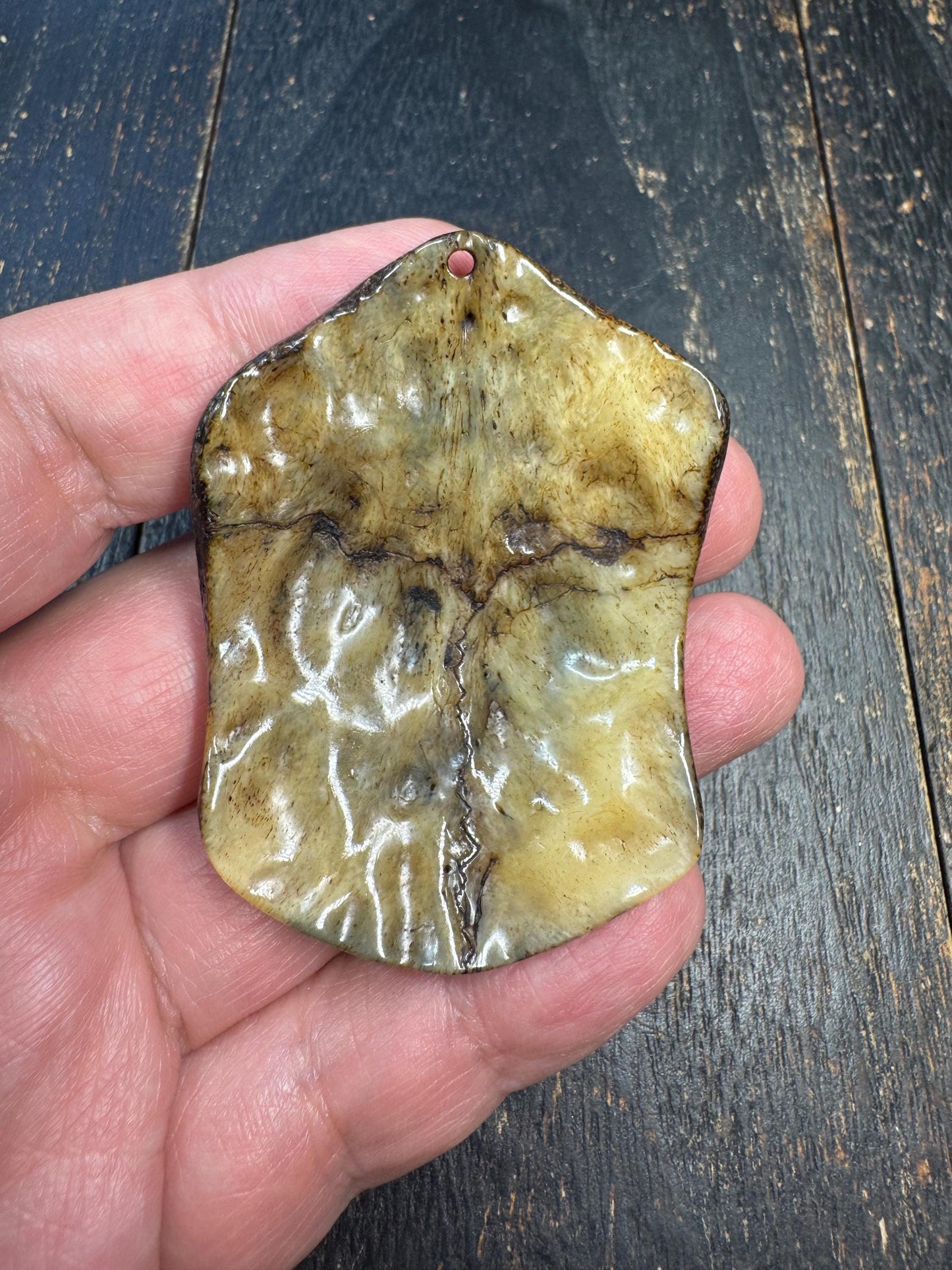 Hand Carved Deer Bone Amulet, Three Realms Symbol, Charnel Ground Skull & Vajra Motif, Tibetan Himalayan Protective Pendant