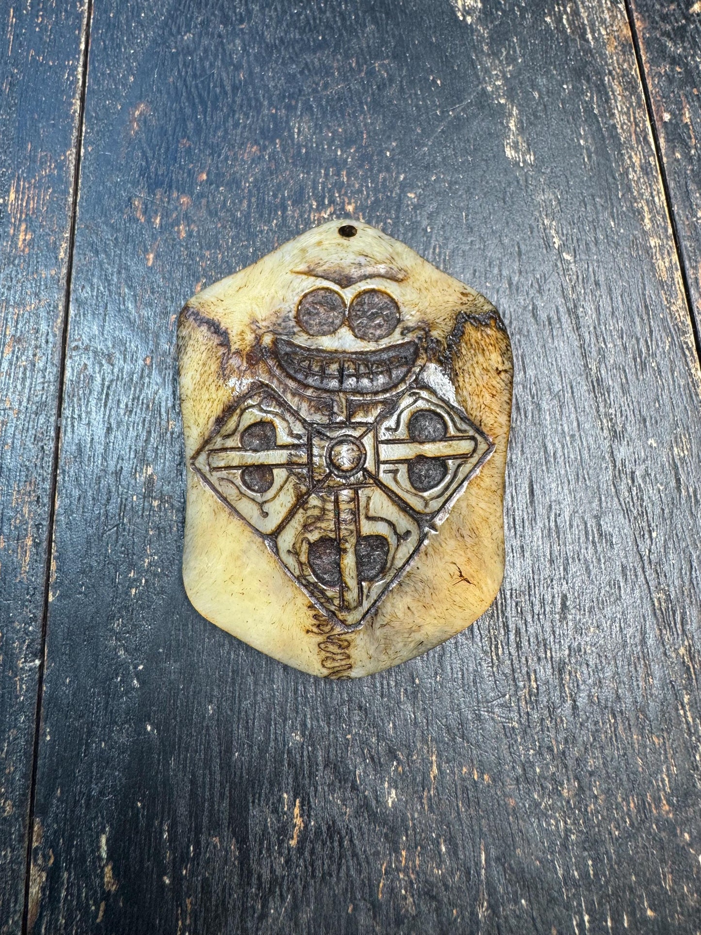 Hand Carved Deer Bone Amulet, Three Realms Symbol, Charnel Ground Skull & Vajra Motif, Tibetan Himalayan Protective Pendant