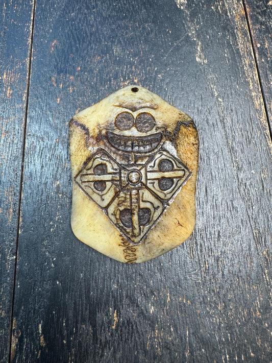 Hand Carved Deer Bone Amulet, Three Realms Symbol, Charnel Ground Skull & Vajra Motif, Tibetan Himalayan Protective Pendant
