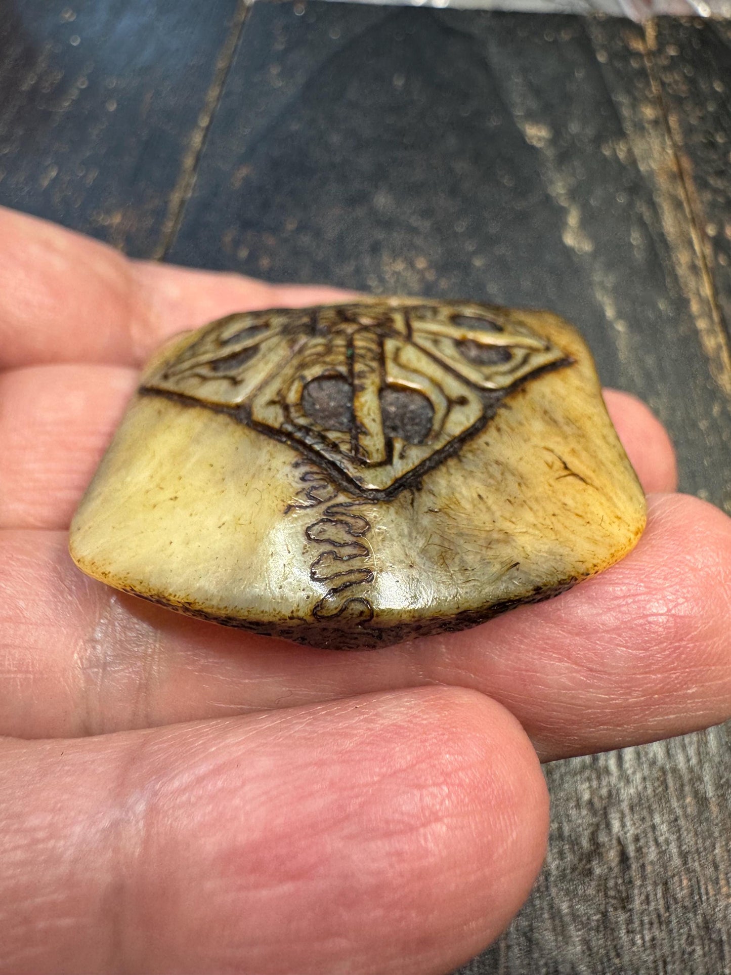 Hand Carved Deer Bone Amulet, Three Realms Symbol, Charnel Ground Skull & Vajra Motif, Tibetan Himalayan Protective Pendant