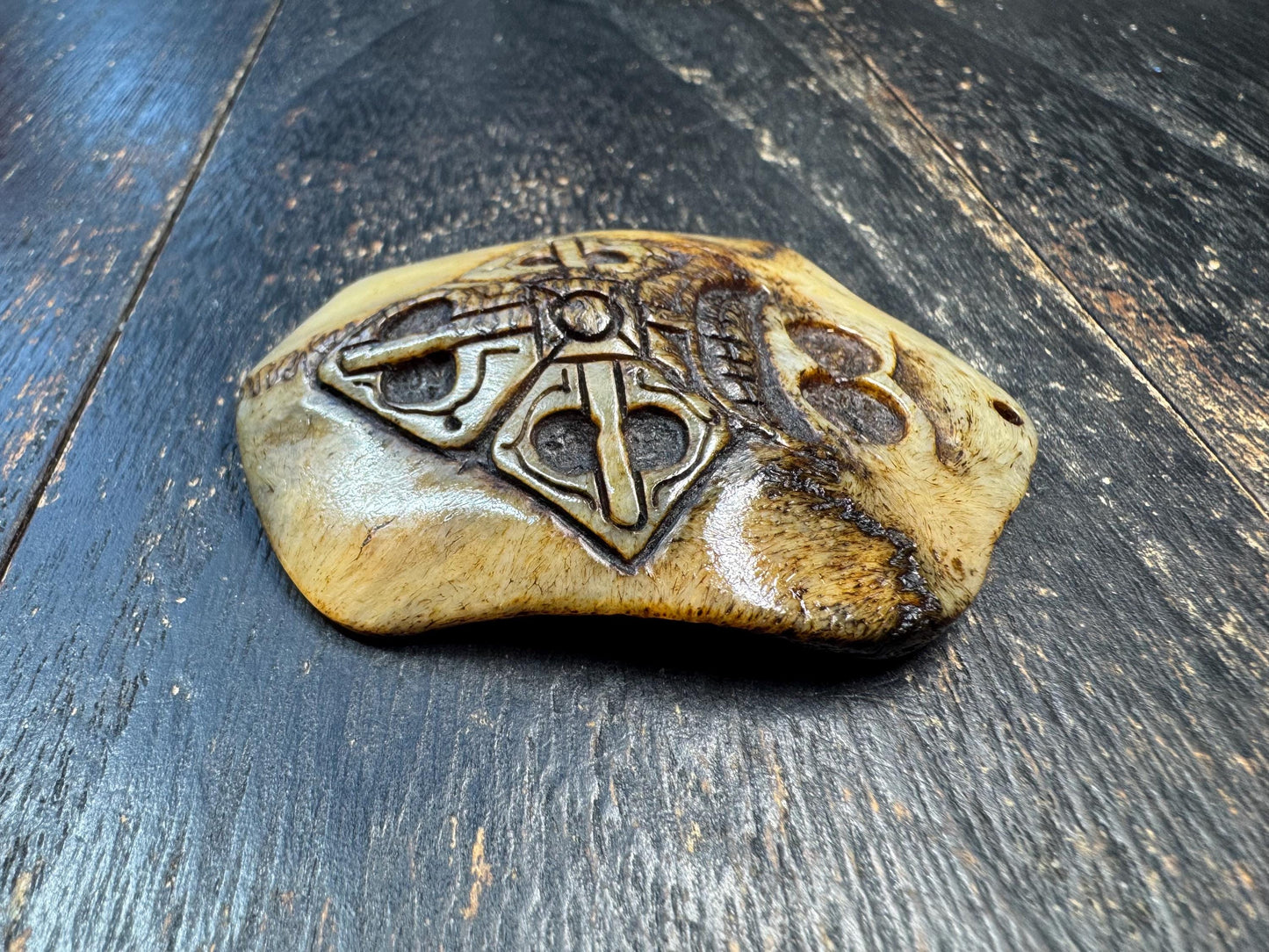 Hand Carved Deer Bone Amulet, Three Realms Symbol, Charnel Ground Skull & Vajra Motif, Tibetan Himalayan Protective Pendant
