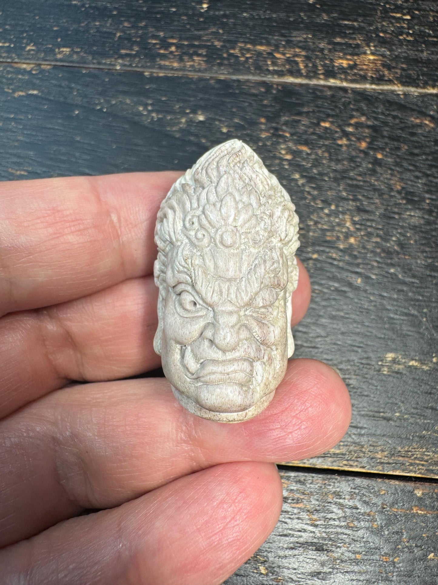 Hand Carved Deer Antler Wrathful Face Pendant, Tibetan Protector Deity Head, Himalayan Spiritual Amulet, Tribal Bone Carving
