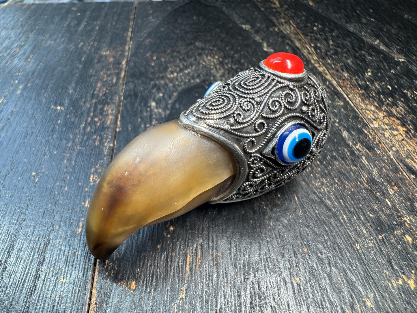 Handcrafted Horn Pendant with Brass Cap, Tribal Eagle Beak Design, Statement Talisman Necklace, Vintage Style Amulet