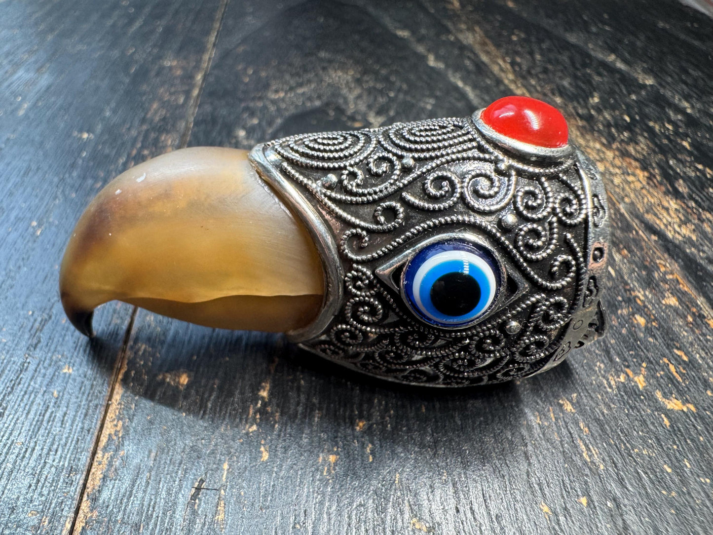 Handcrafted Horn Pendant with Brass Cap, Tribal Eagle Beak Design, Statement Talisman Necklace, Vintage Style Amulet