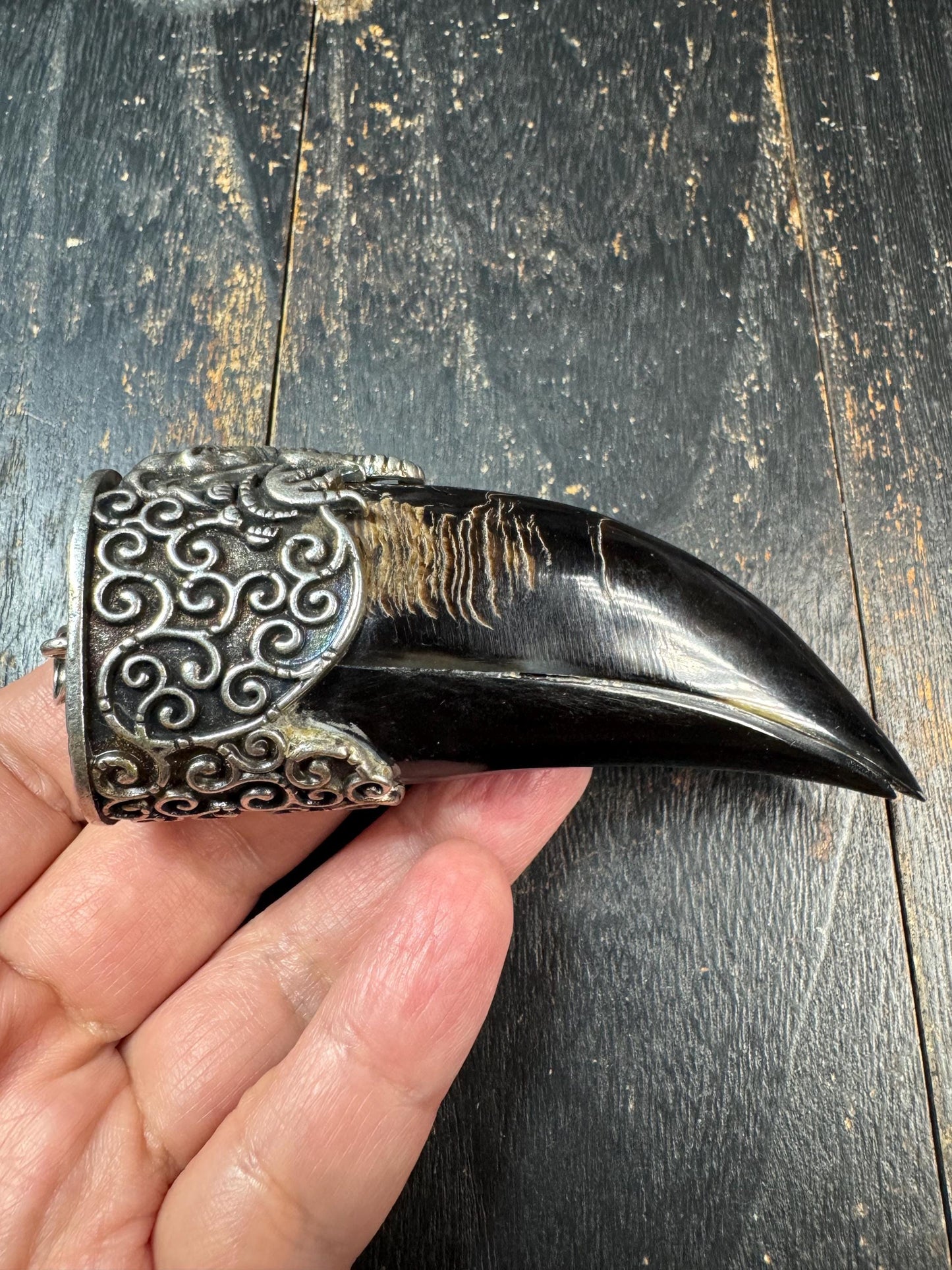 Eagle Beak Yak Horn Pendant with Brass Elephant Head, Tribal Tusk Amulet Necklace, Himalayan Style Protective Talisman, Statement Jewelry