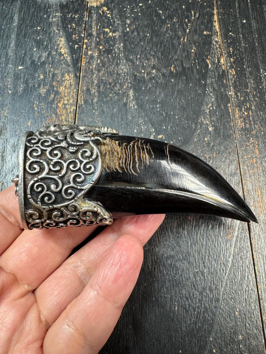 Eagle Beak Yak Horn Pendant with Brass Elephant Head, Tribal Tusk Amulet Necklace, Himalayan Style Protective Talisman, Statement Jewelry