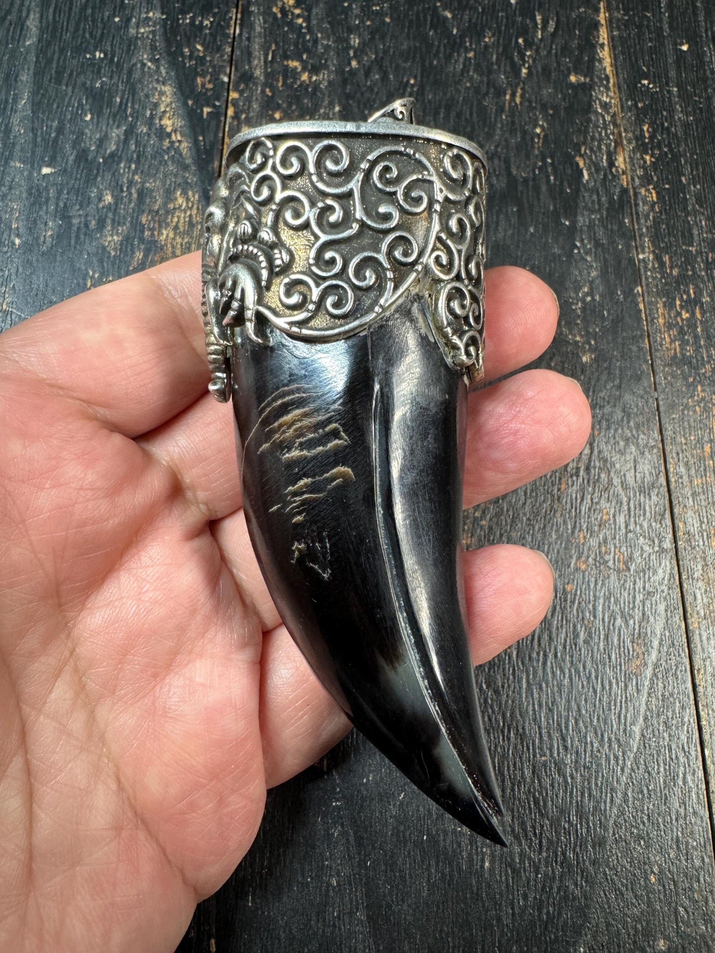 Eagle Beak Yak Horn Pendant with Brass Elephant Head, Tribal Tusk Amulet Necklace, Himalayan Style Protective Talisman, Statement Jewelry