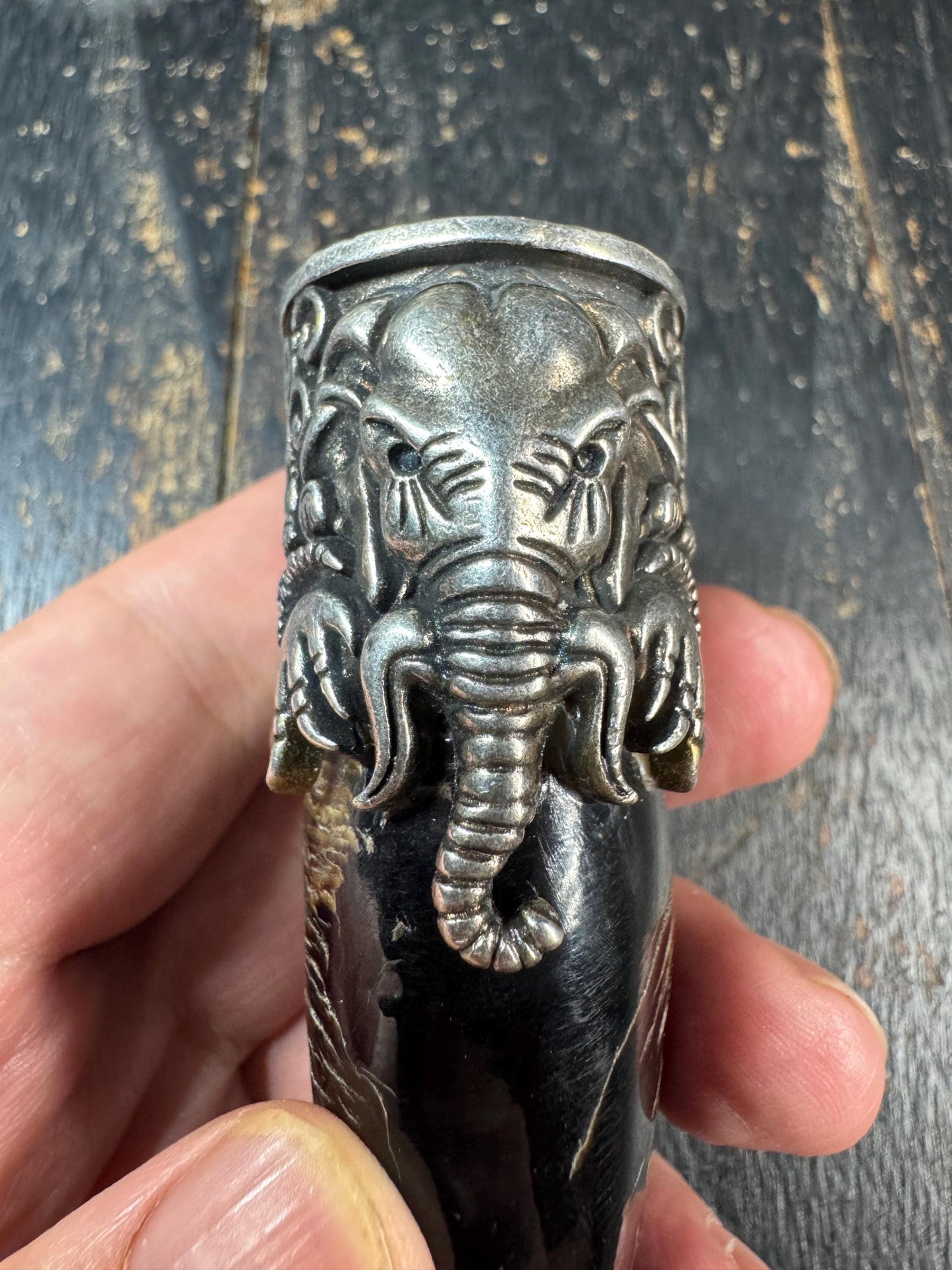 Eagle Beak Yak Horn Pendant with Brass Elephant Head, Tribal Tusk Amulet Necklace, Himalayan Style Protective Talisman, Statement Jewelry