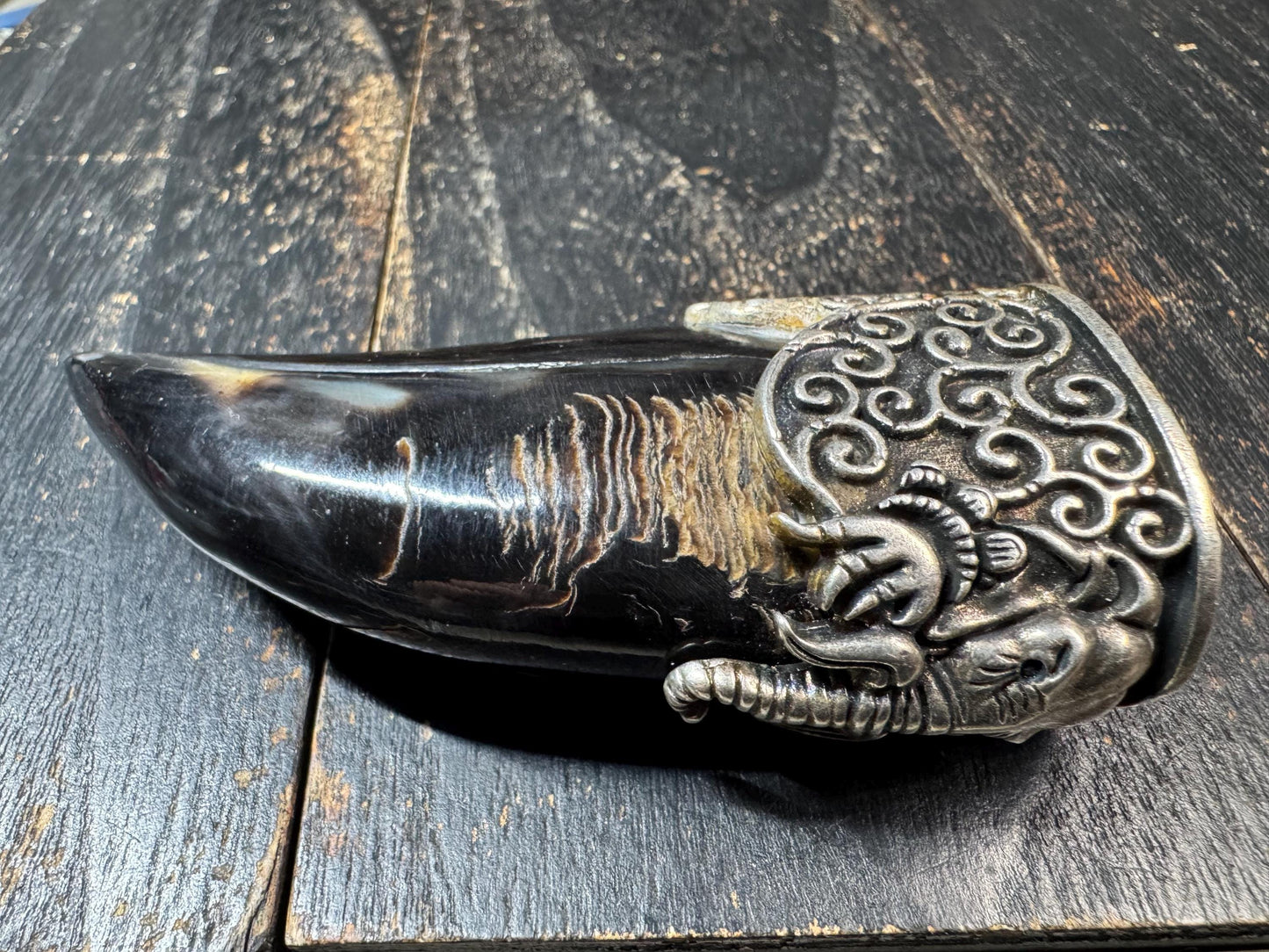 Eagle Beak Yak Horn Pendant with Brass Elephant Head, Tribal Tusk Amulet Necklace, Himalayan Style Protective Talisman, Statement Jewelry