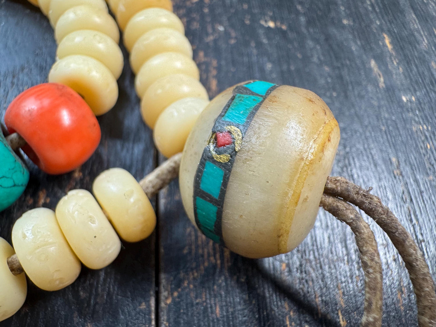 Tibetan Yak Bone Mala 108 Beads – Hand Carved Mantra Prayer Beads Necklace – Resin Accent Beads – Meditation Mala Necklace