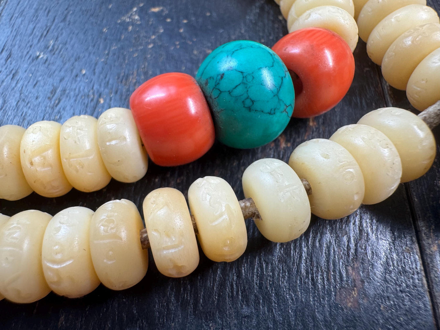 Tibetan Yak Bone Mala 108 Beads – Hand Carved Mantra Prayer Beads Necklace – Resin Accent Beads – Meditation Mala Necklace