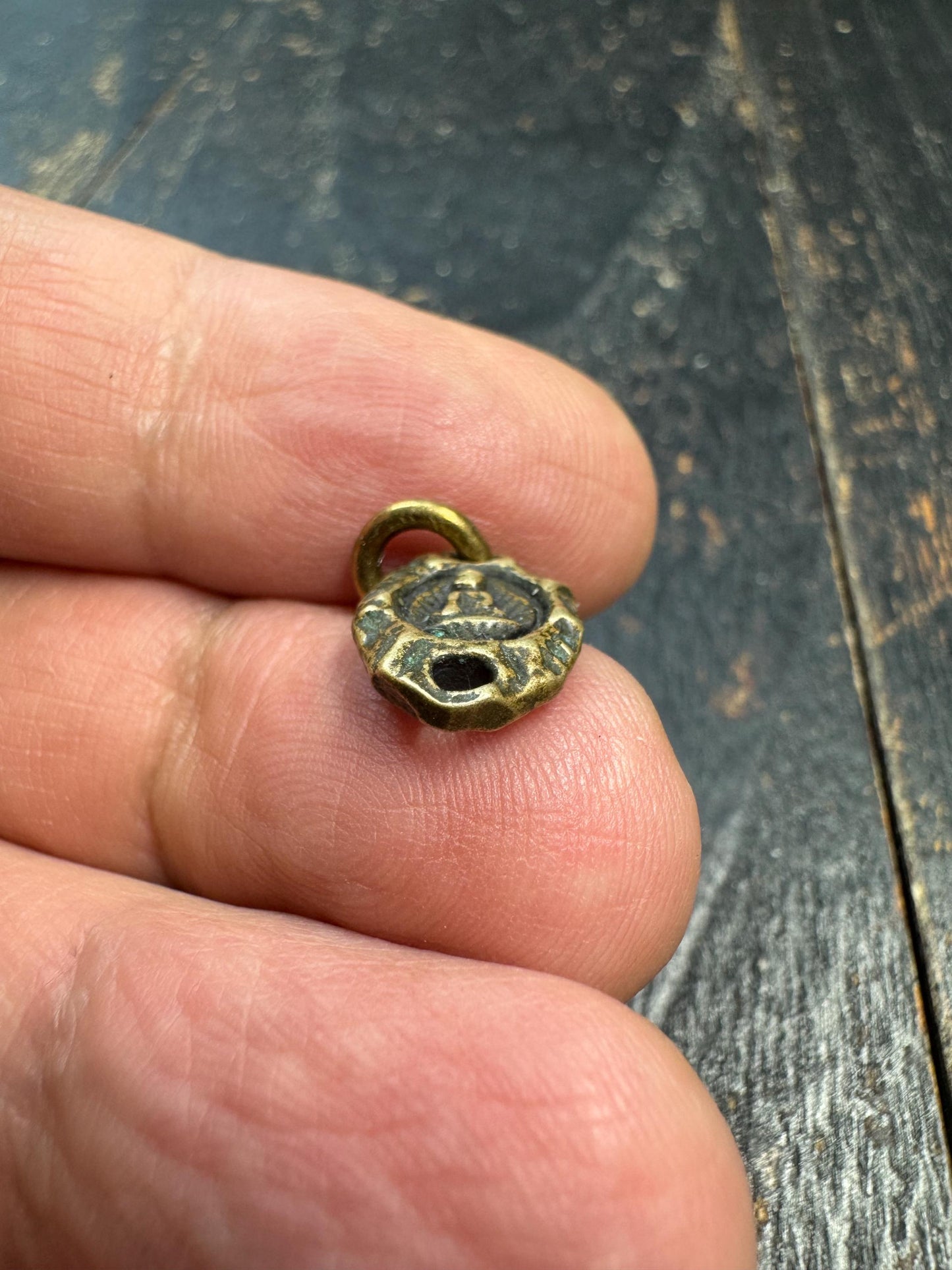 Mini Tibetan Brass Amulet Pendant – Double Sided Seed Symbol Charm – Antique Style Small Talisman Charm