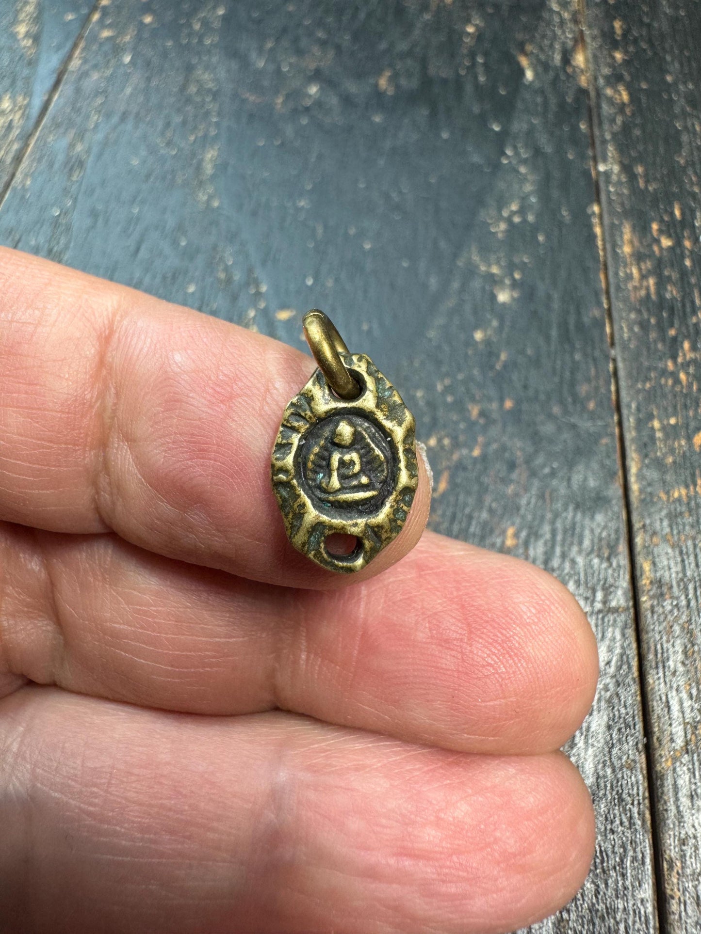 Mini Tibetan Brass Amulet Pendant – Double Sided Seed Symbol Charm – Antique Style Small Talisman Charm