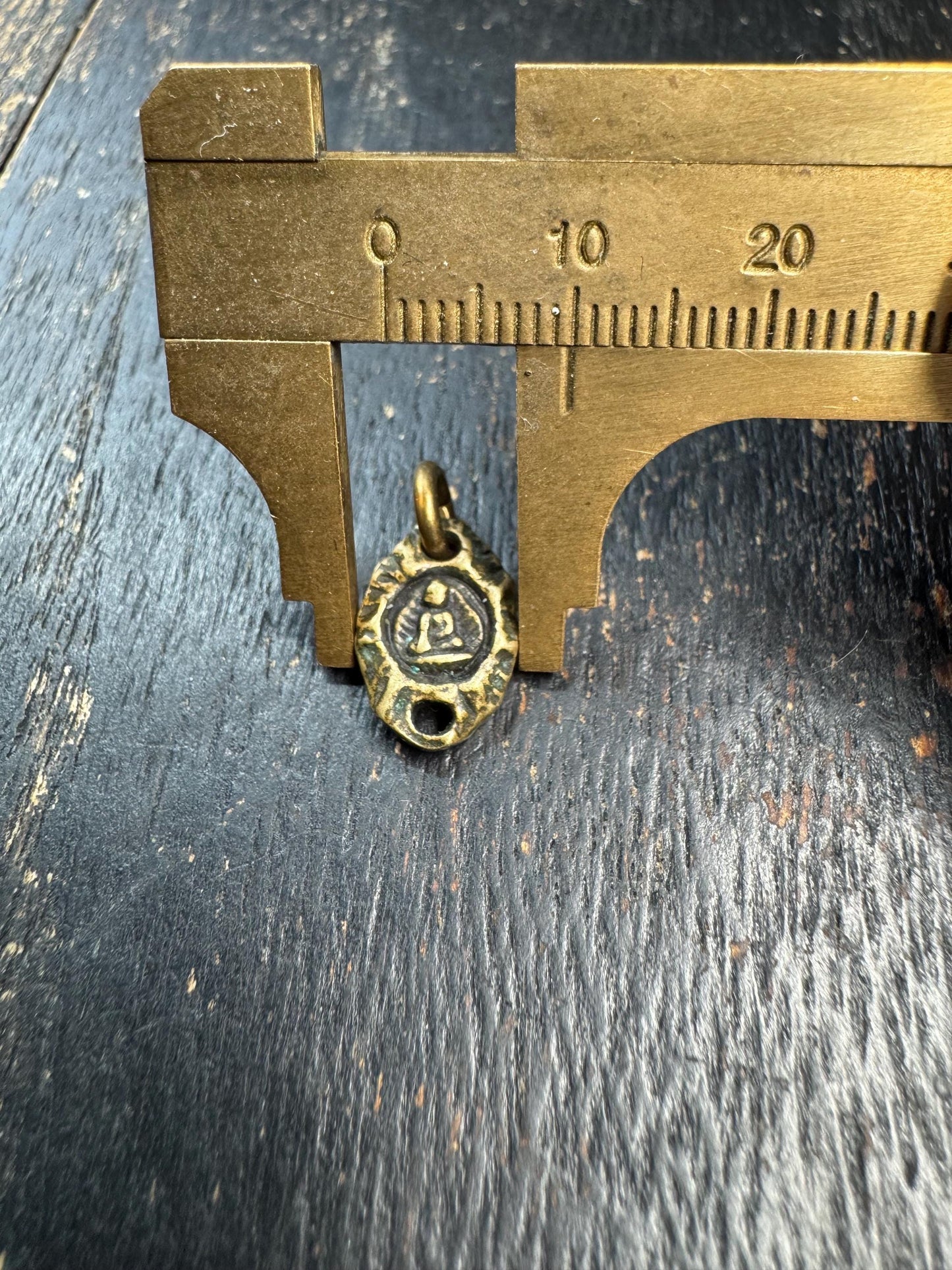 Mini Tibetan Brass Amulet Pendant – Double Sided Seed Symbol Charm – Antique Style Small Talisman Charm