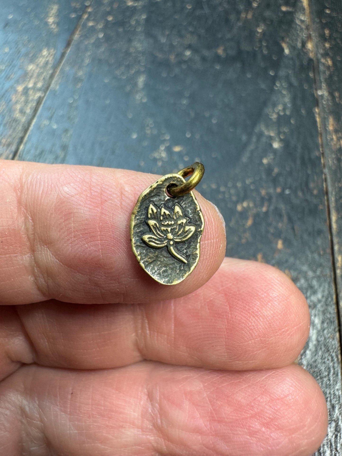 Mini Tibetan Brass Lotus Pendant – Double Sided Charm with Seed Symbol – Antique Style Small Amulet Charm