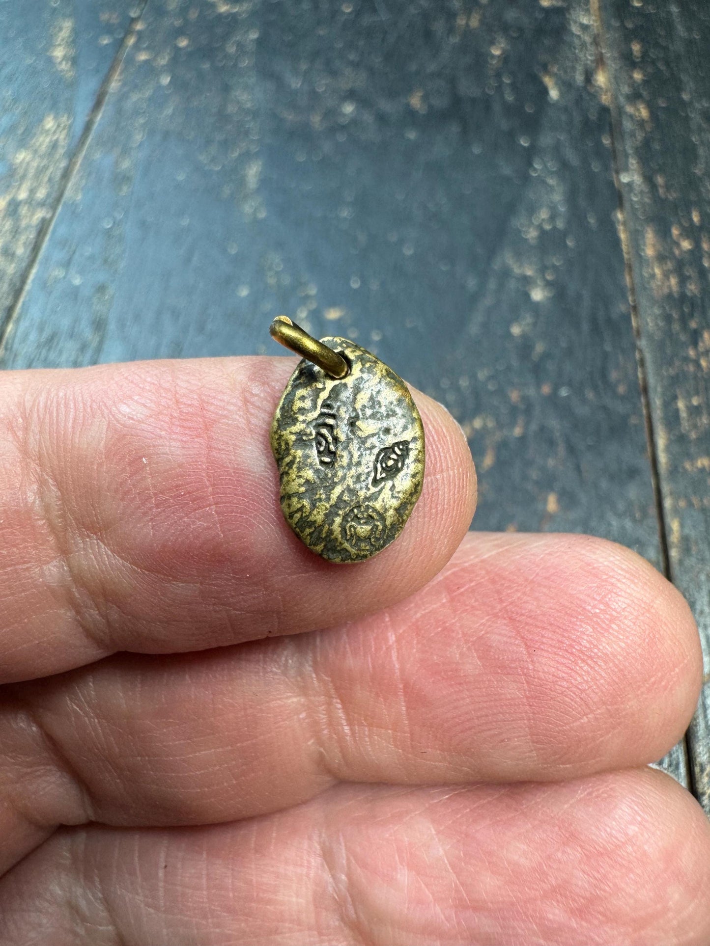 Mini Tibetan Brass Lotus Pendant – Double Sided Charm with Seed Symbol – Antique Style Small Amulet Charm
