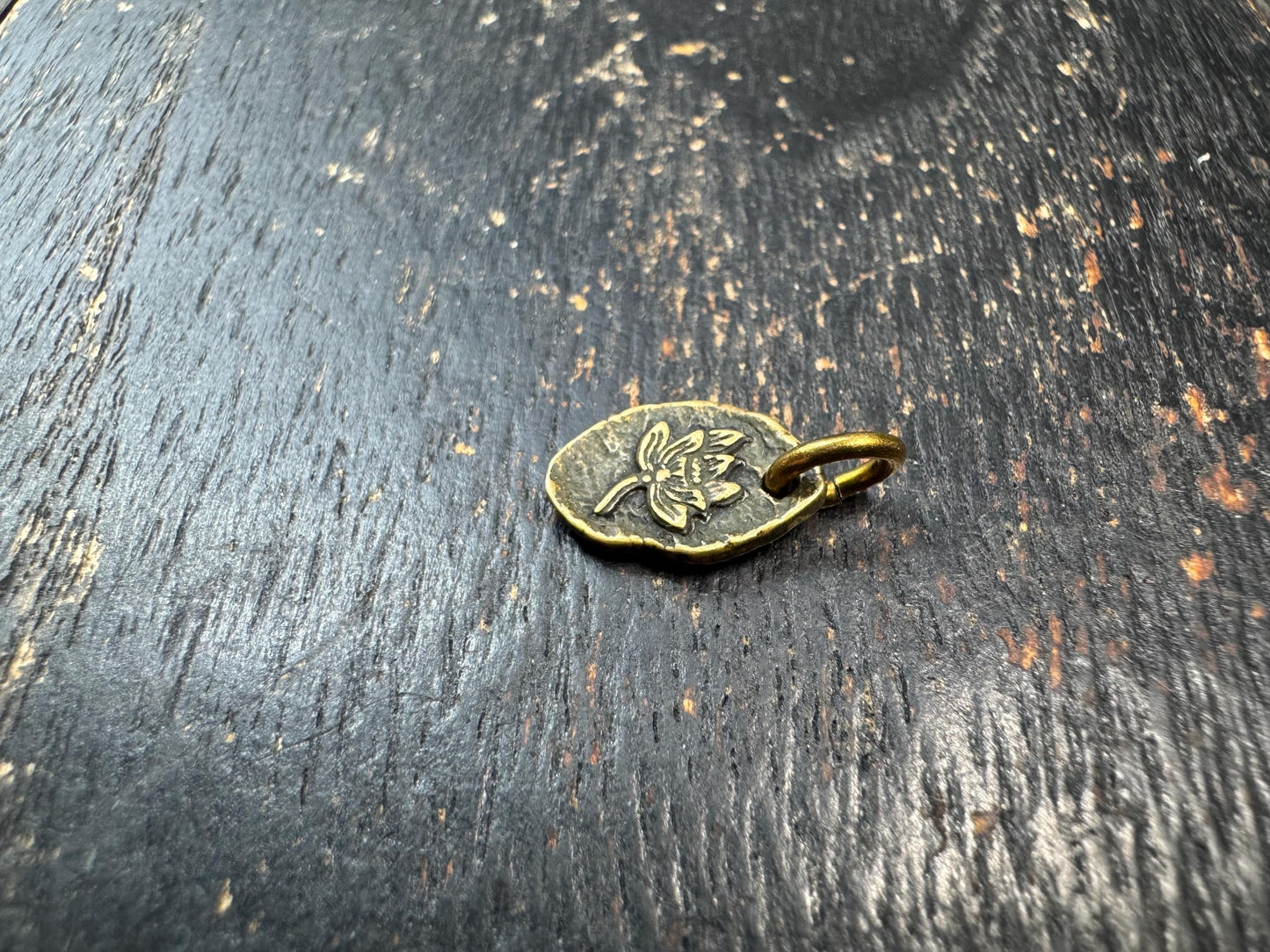 Mini Tibetan Brass Lotus Pendant – Double Sided Charm with Seed Symbol – Antique Style Small Amulet Charm