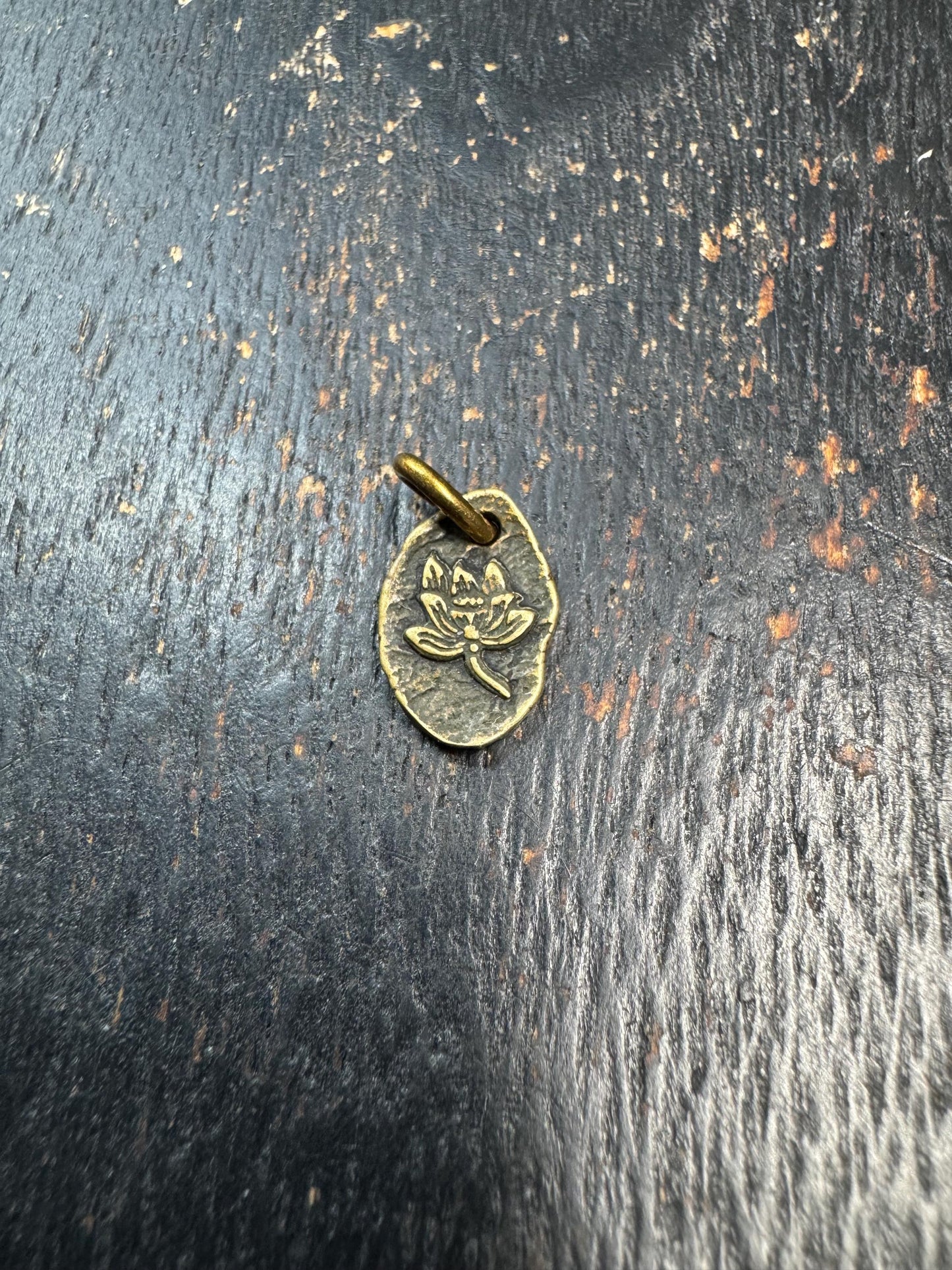 Mini Tibetan Brass Lotus Pendant – Double Sided Charm with Seed Symbol – Antique Style Small Amulet Charm