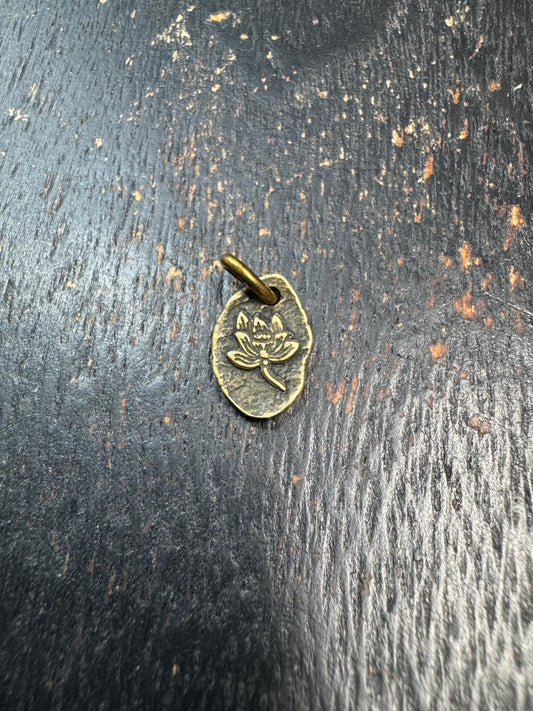Mini Tibetan Brass Lotus Pendant – Double Sided Charm with Seed Symbol – Antique Style Small Amulet Charm