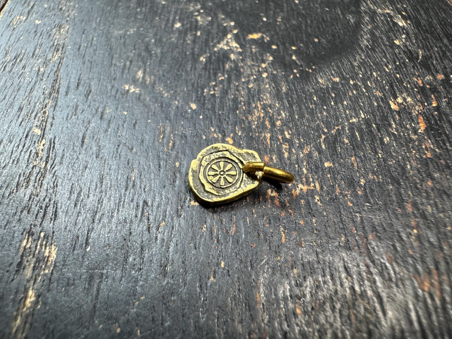 Mini Tibetan Brass Dharma Wheel Pendant – Double Sided Buddha Charm – Antique Style Small Spiritual Amulet