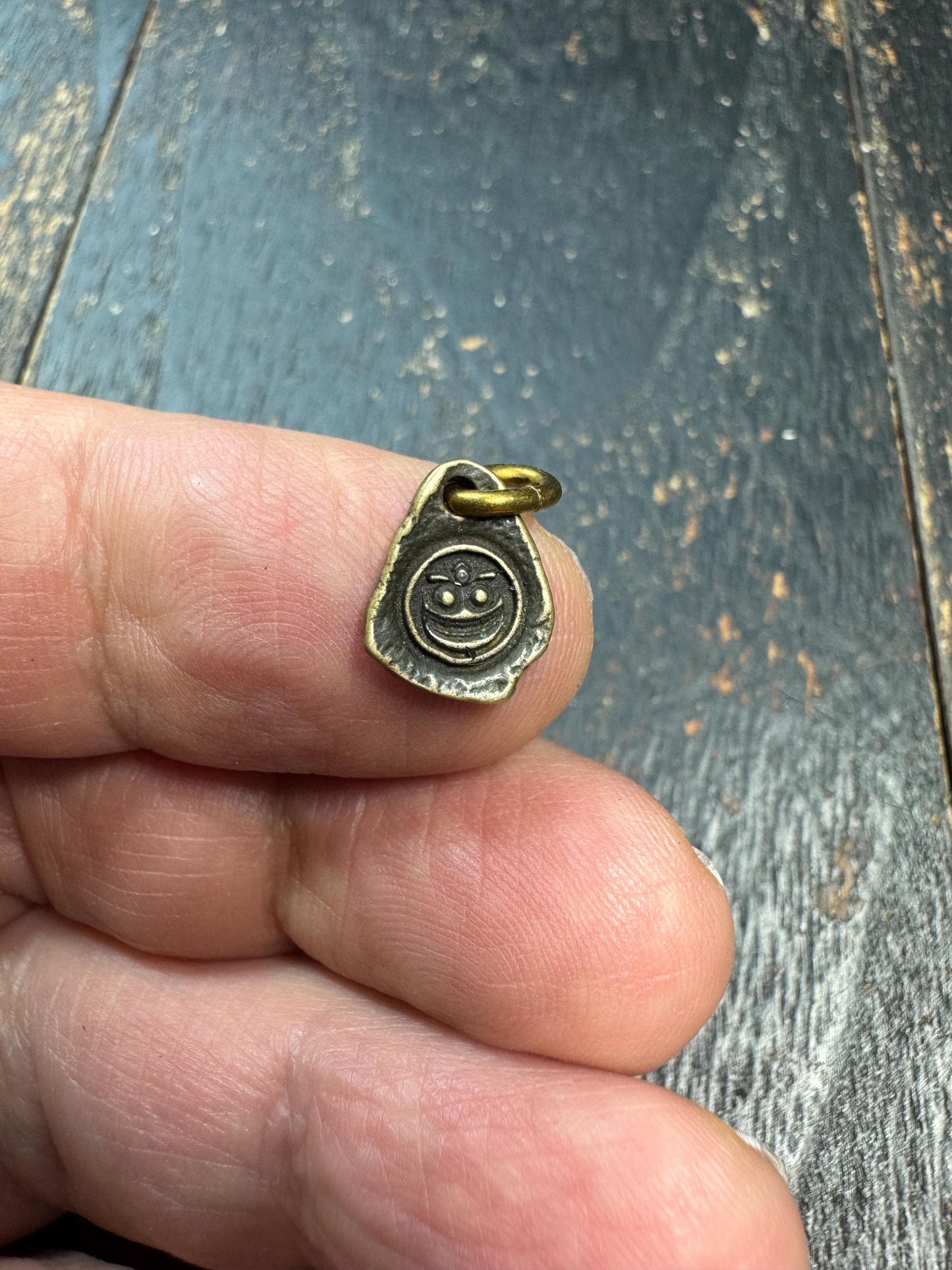 Mini Tibetan Brass Amulet Pendant – Double Sided Symbol Charm – Antique Style Small Spiritual Charm