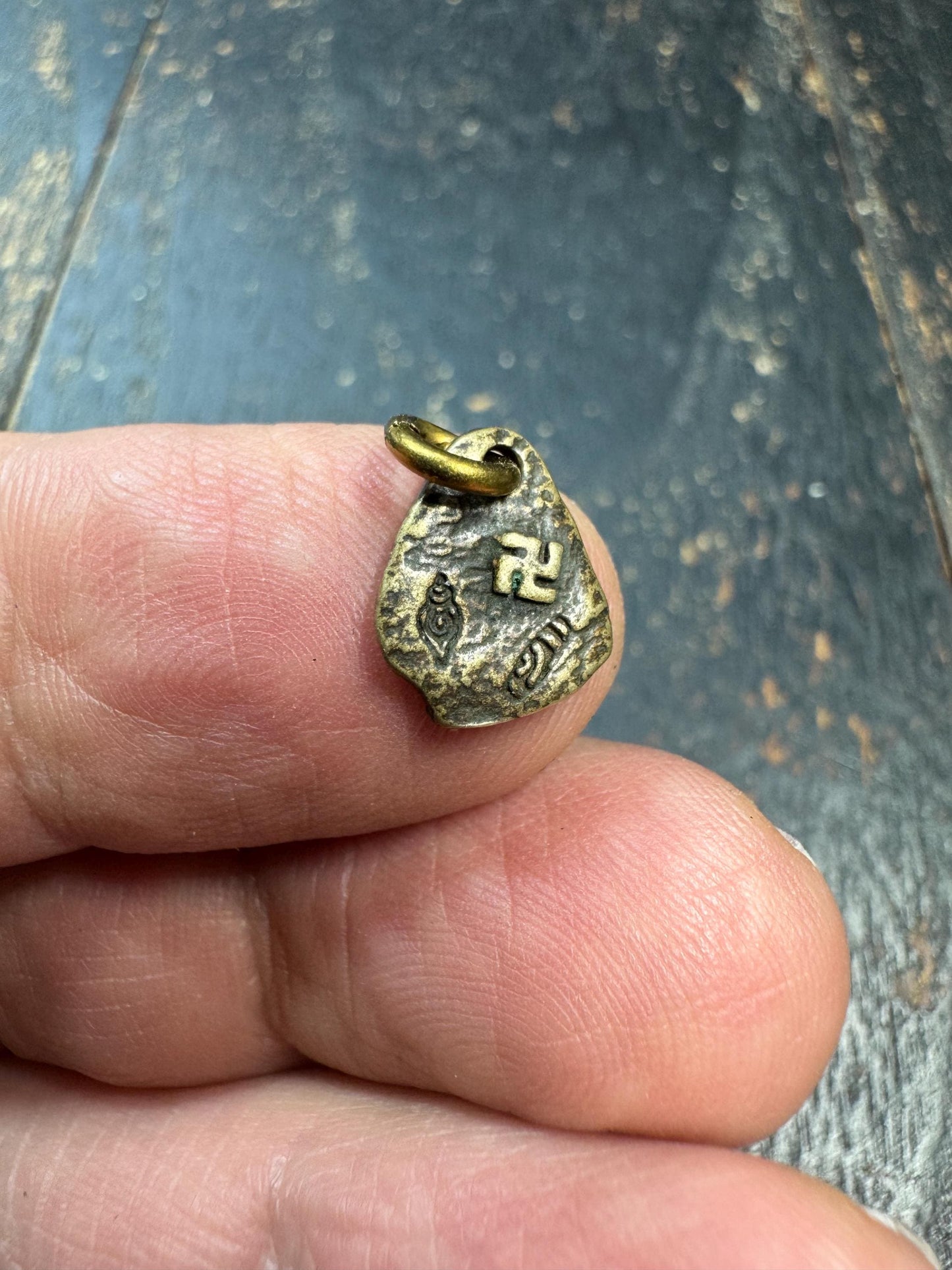 Mini Tibetan Brass Amulet Pendant – Double Sided Symbol Charm – Antique Style Small Spiritual Charm