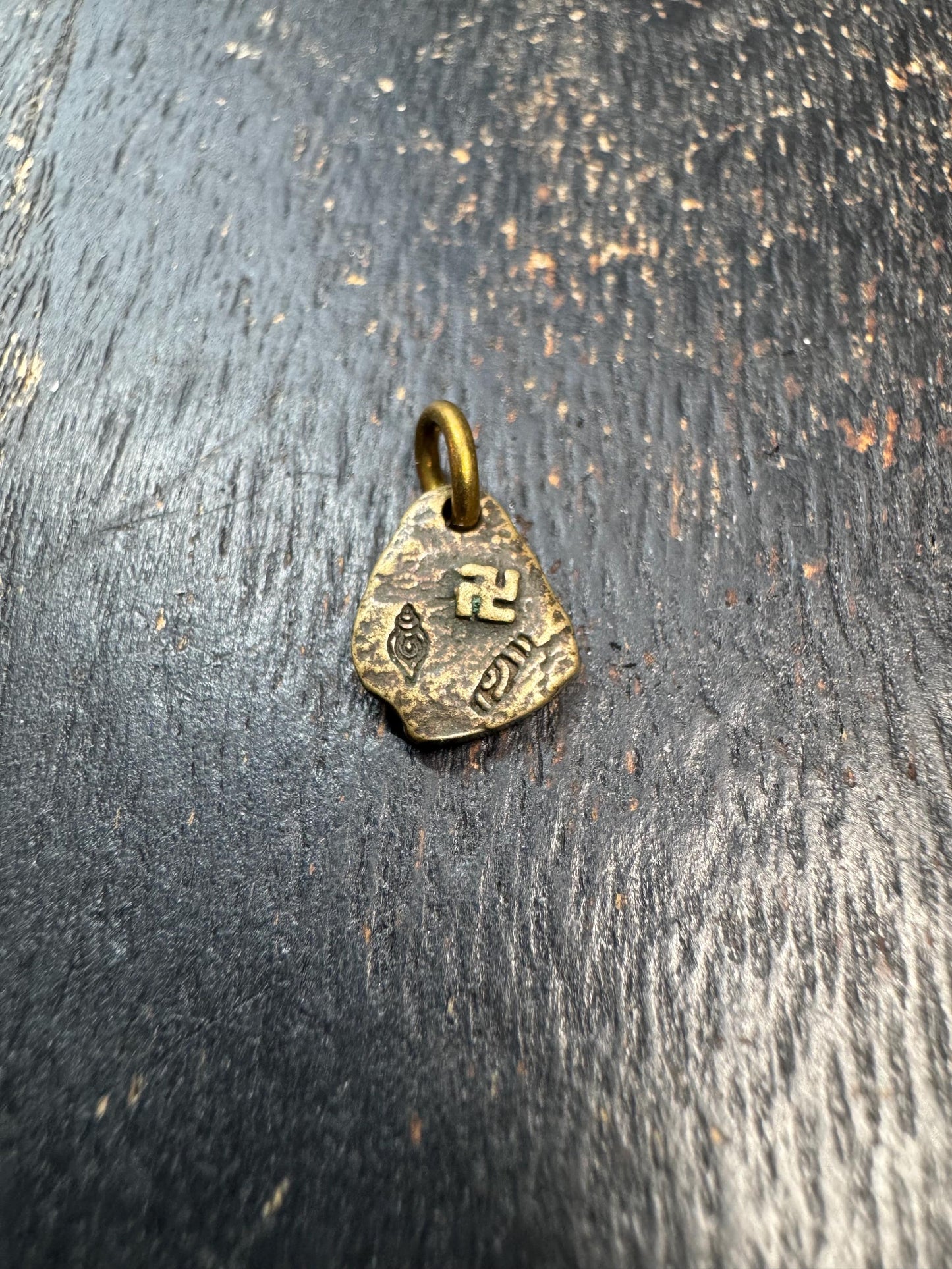 Mini Tibetan Brass Amulet Pendant – Double Sided Symbol Charm – Antique Style Small Spiritual Charm