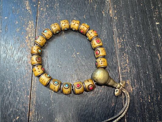 Tibetan Yak Bone Bead Bracelet with Coral & Turquoise Inlay Style – Vintage Brass Guru Bead – Handmade Mala Bracelet 8–9 Inches