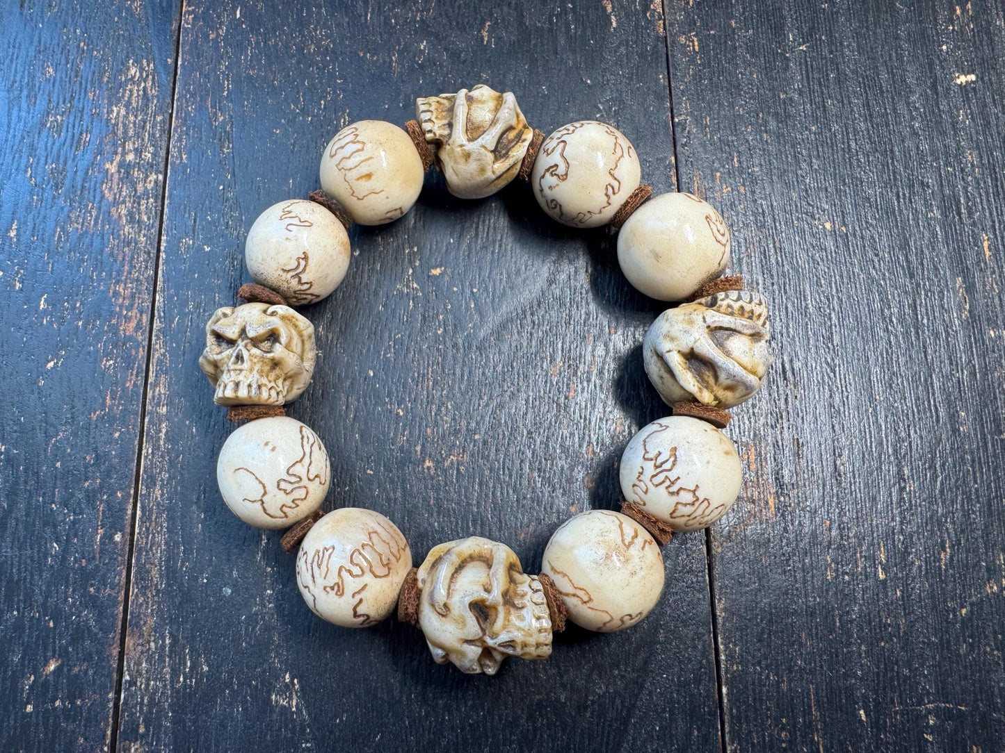Hand Carved Deer Antler Skull Bracelet | Rustic Bone Bead Bracelet | Artisan Carved Beads | Adjustable Stretch Bracelet | One of a Kind