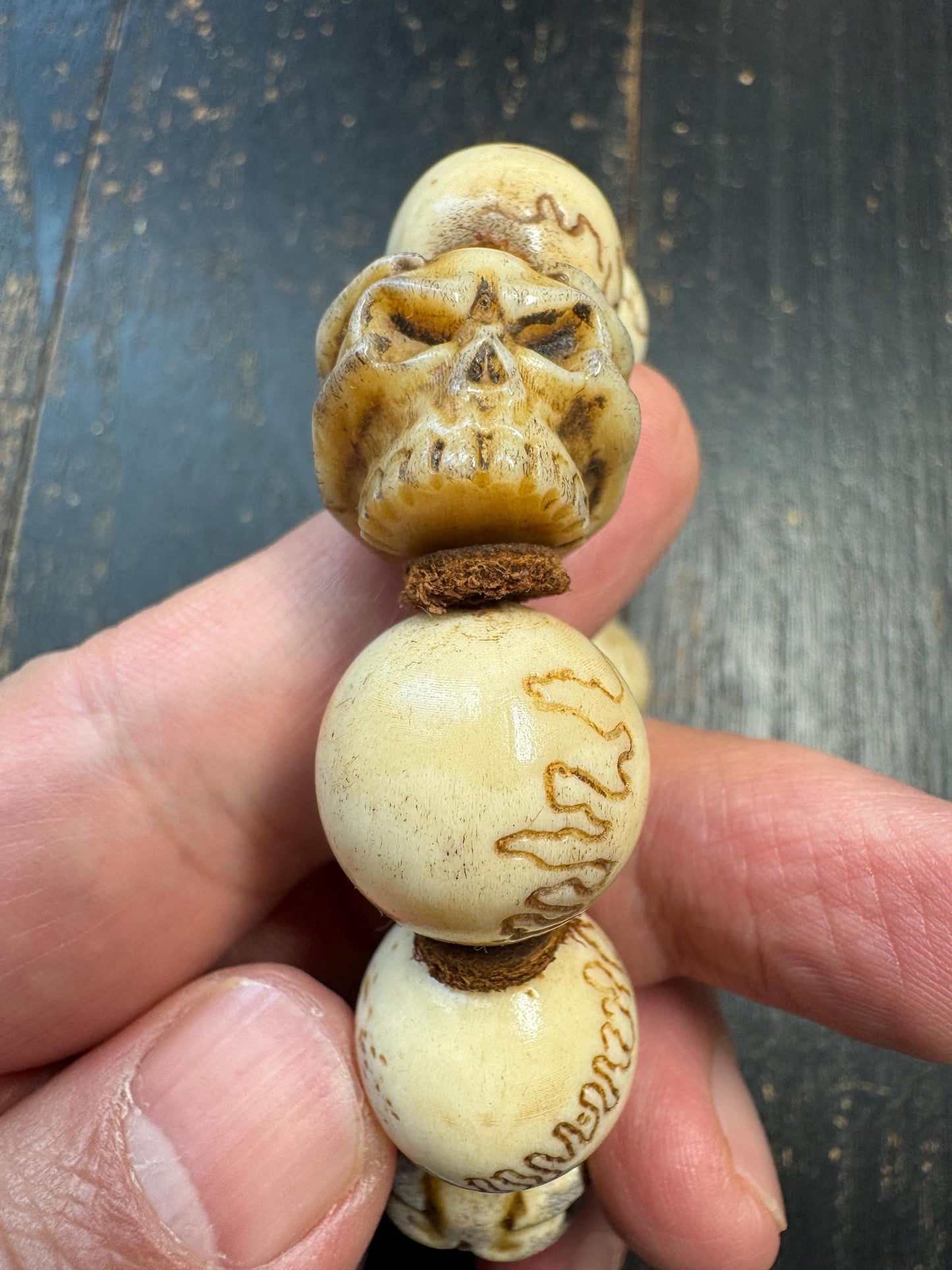 Hand Carved Deer Antler Skull Bracelet | Rustic Bone Bead Bracelet | Artisan Carved Beads | Adjustable Stretch Bracelet | One of a Kind