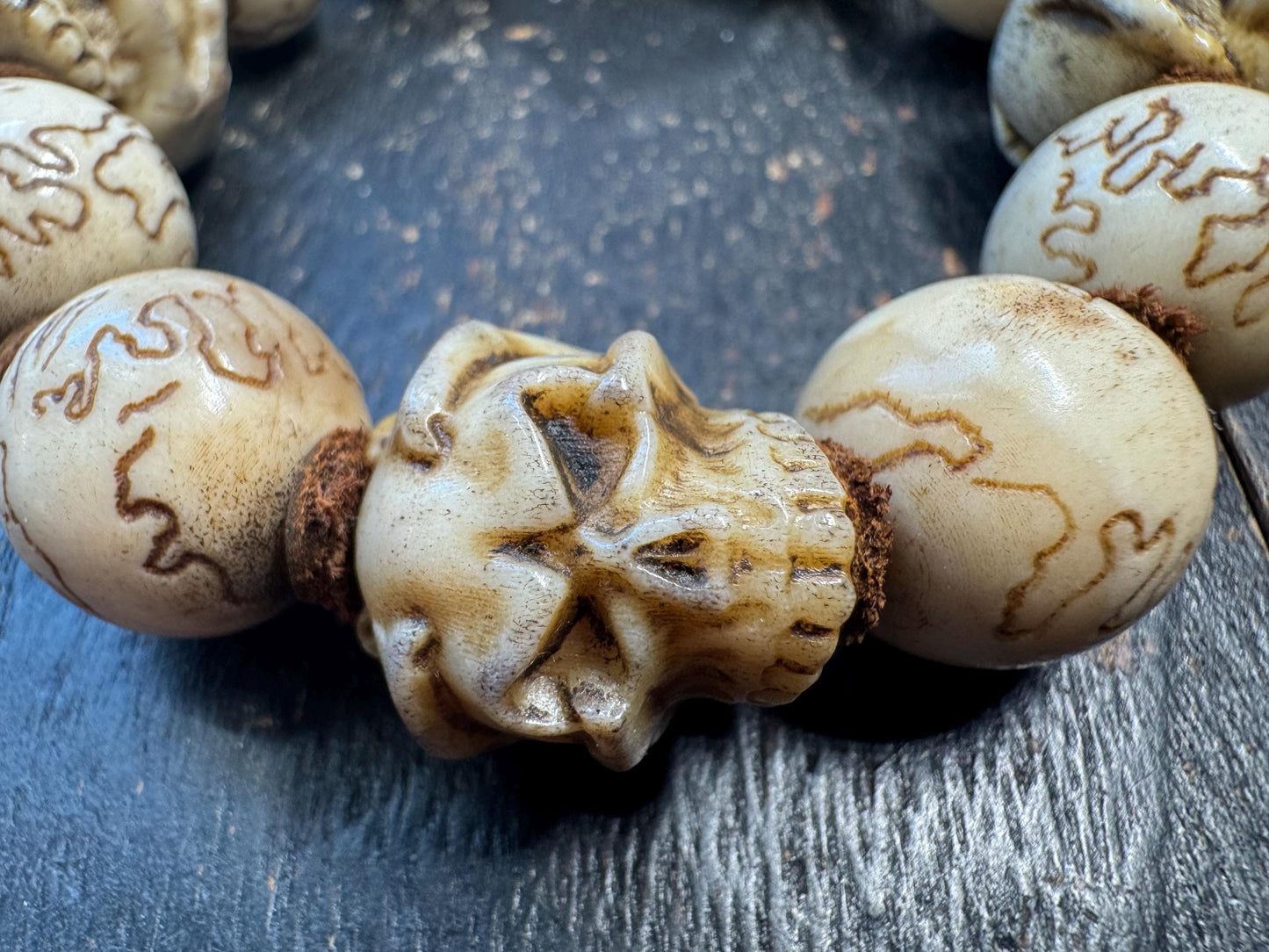 Hand Carved Deer Antler Skull Bracelet | Rustic Bone Bead Bracelet | Artisan Carved Beads | Adjustable Stretch Bracelet | One of a Kind