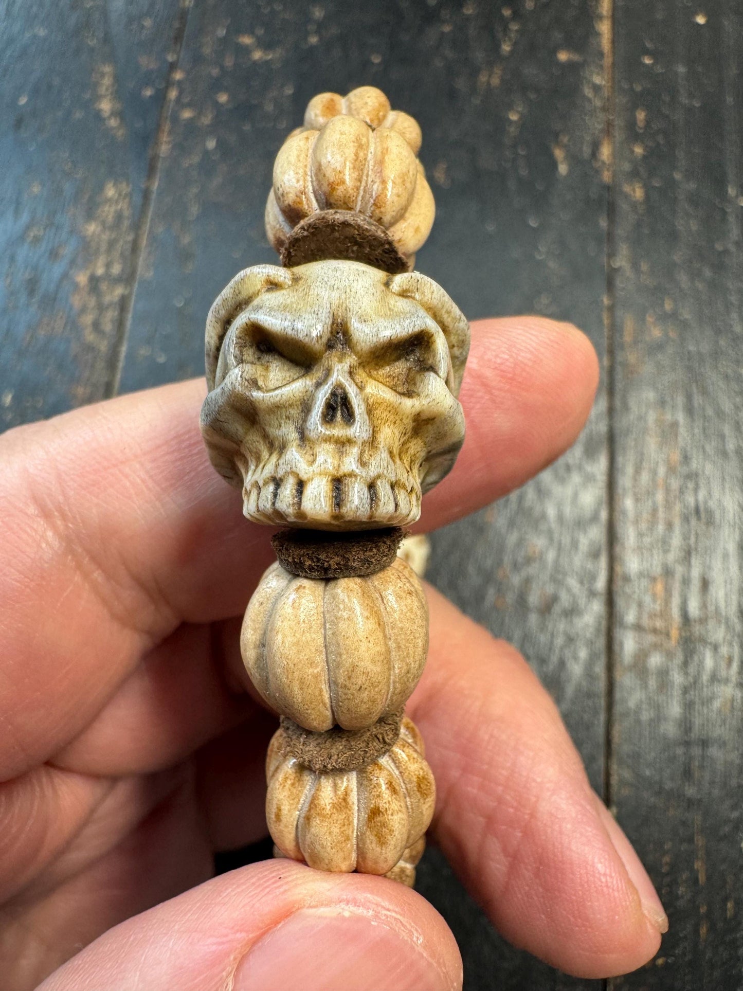 Hand Carved Deer Antler Pumpkin Bead Bracelet | Natural Bone Bead Bracelet | Rustic Artisan Jewelry | Skull Accent Bead | One of a Kind