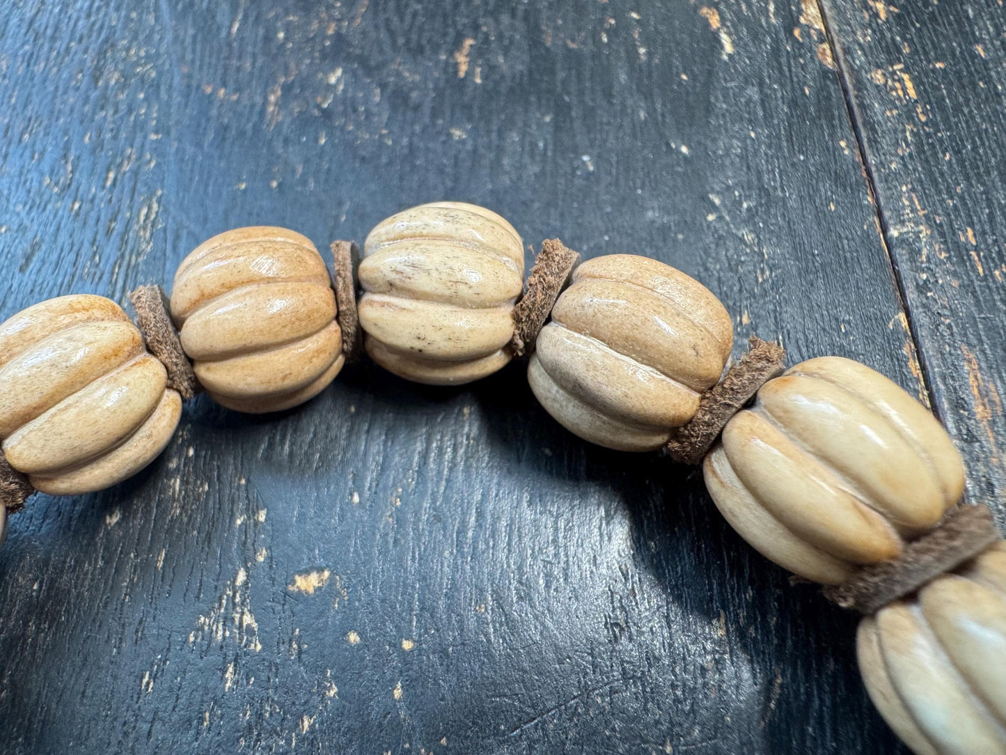 Hand Carved Deer Antler Pumpkin Bead Bracelet | Natural Bone Bead Bracelet | Rustic Artisan Jewelry | Skull Accent Bead | One of a Kind