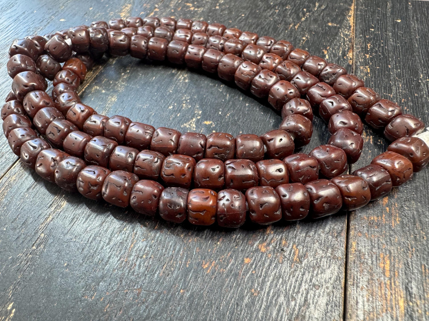 107 Rudraksha Mala Necklace, 9mm Dark Aged Rudraksha Beads, 32 Inches Meditation Prayer Beads, Vintage Patina Buddhist Hindu Mala