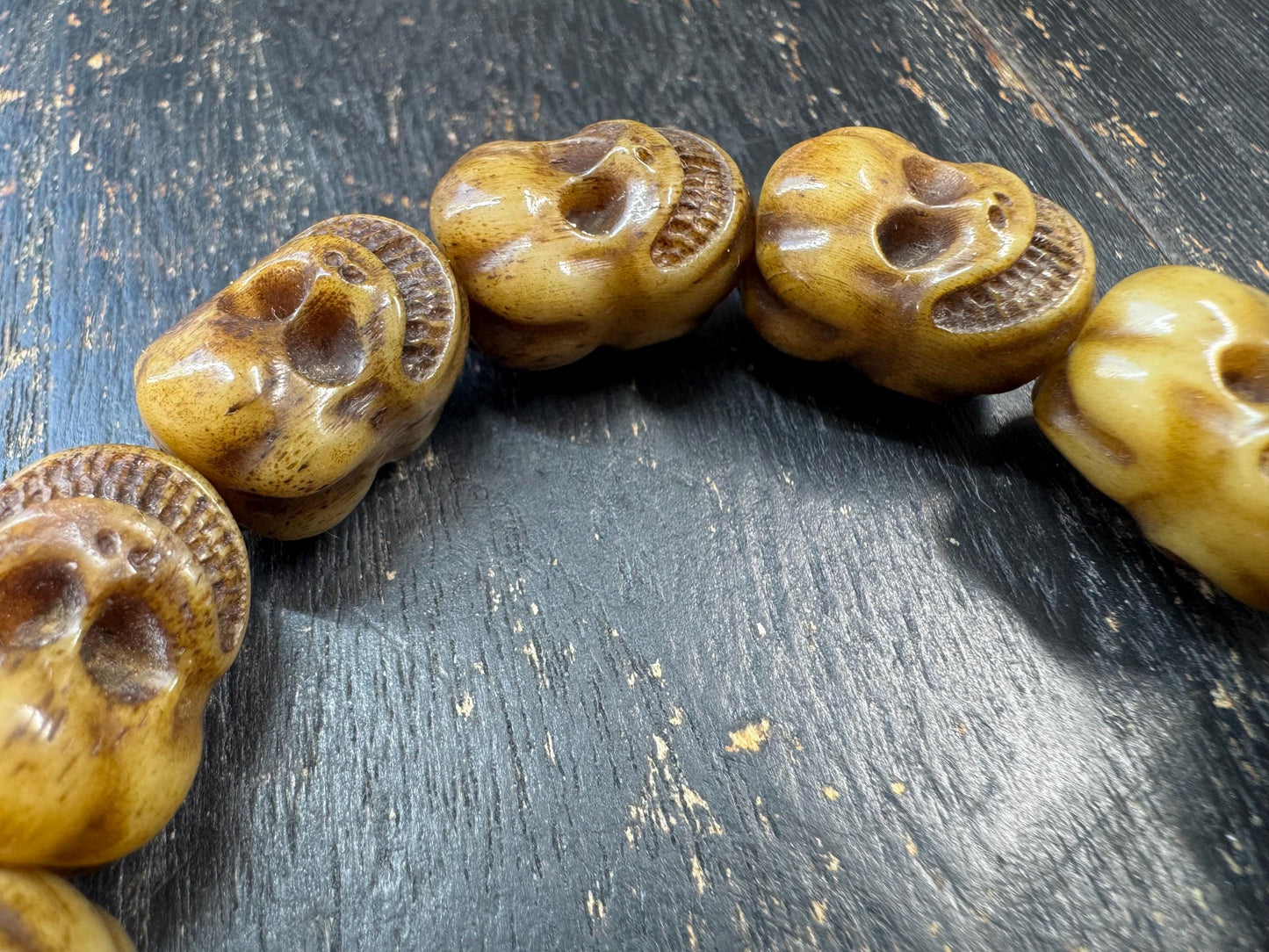 Yak Bone Skull Bracelet Mala, Tibetan Charnel Ground Style, Hand Carved Skull Beads, Elastic Cord Bracelet, Meditation Protection Jewelry
