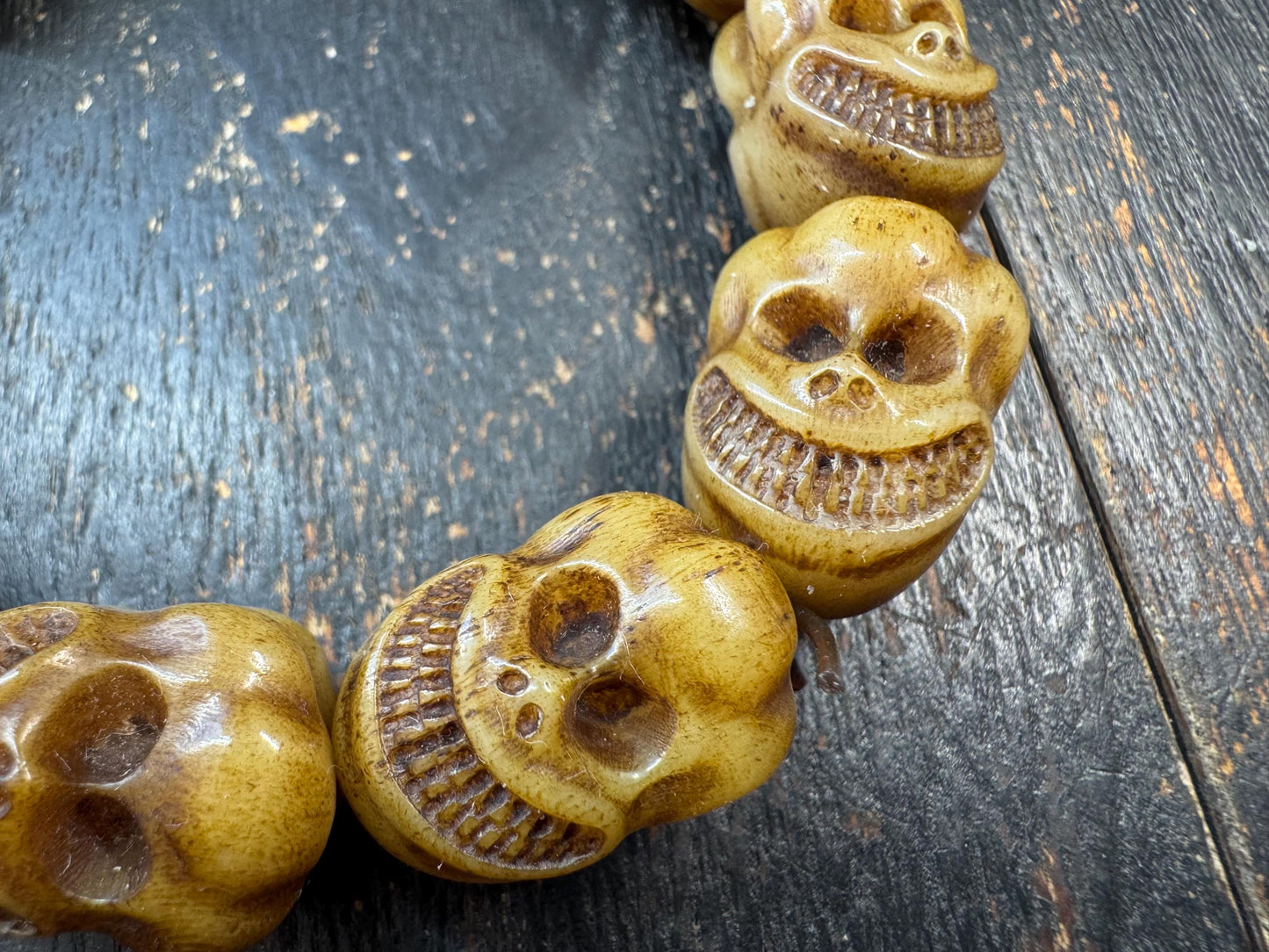 Yak Bone Skull Bracelet Mala, Tibetan Charnel Ground Style, Hand Carved Skull Beads, Elastic Cord Bracelet, Meditation Protection Jewelry