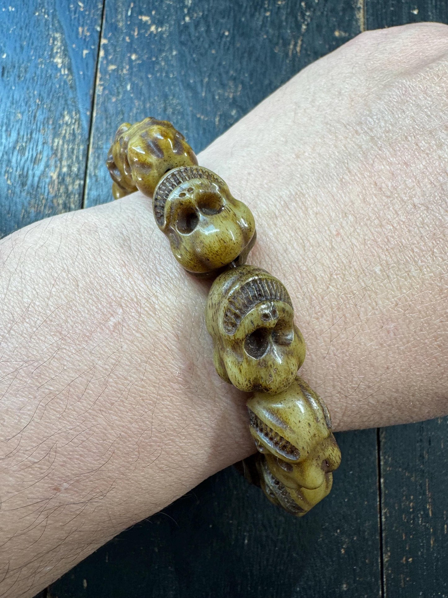 Yak Bone Skull Bracelet Mala, Tibetan Charnel Ground Style, Hand Carved Skull Beads, Elastic Cord Bracelet, Meditation Protection Jewelry