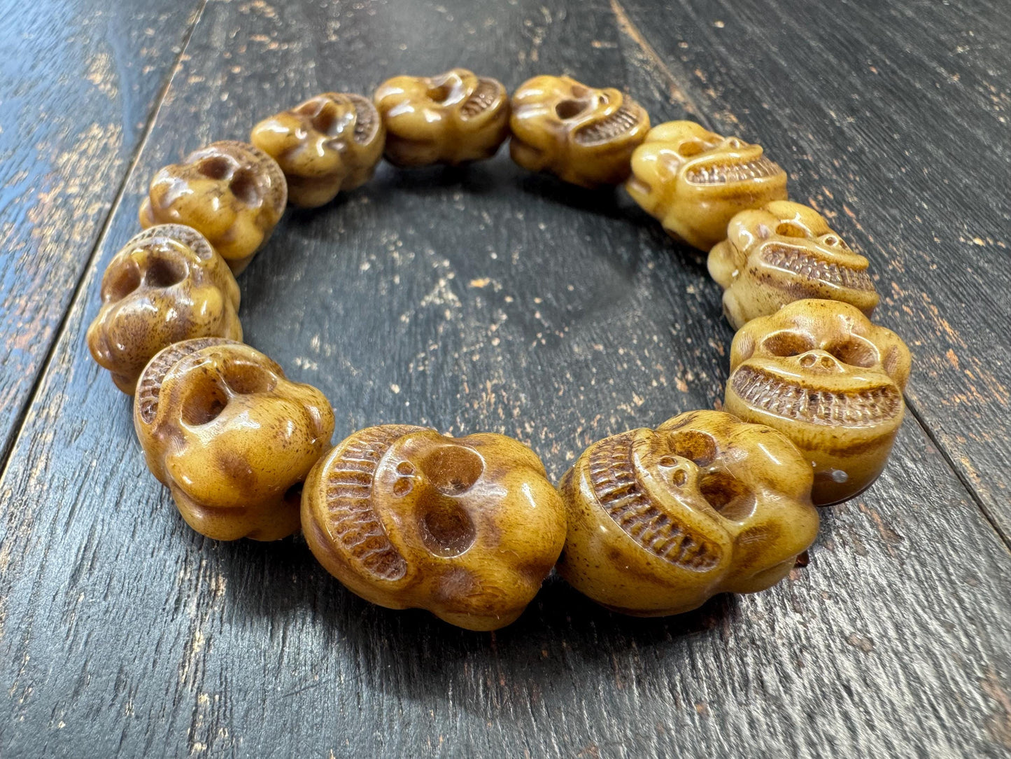 Yak Bone Skull Bracelet Mala, Tibetan Charnel Ground Style, Hand Carved Skull Beads, Elastic Cord Bracelet, Meditation Protection Jewelry
