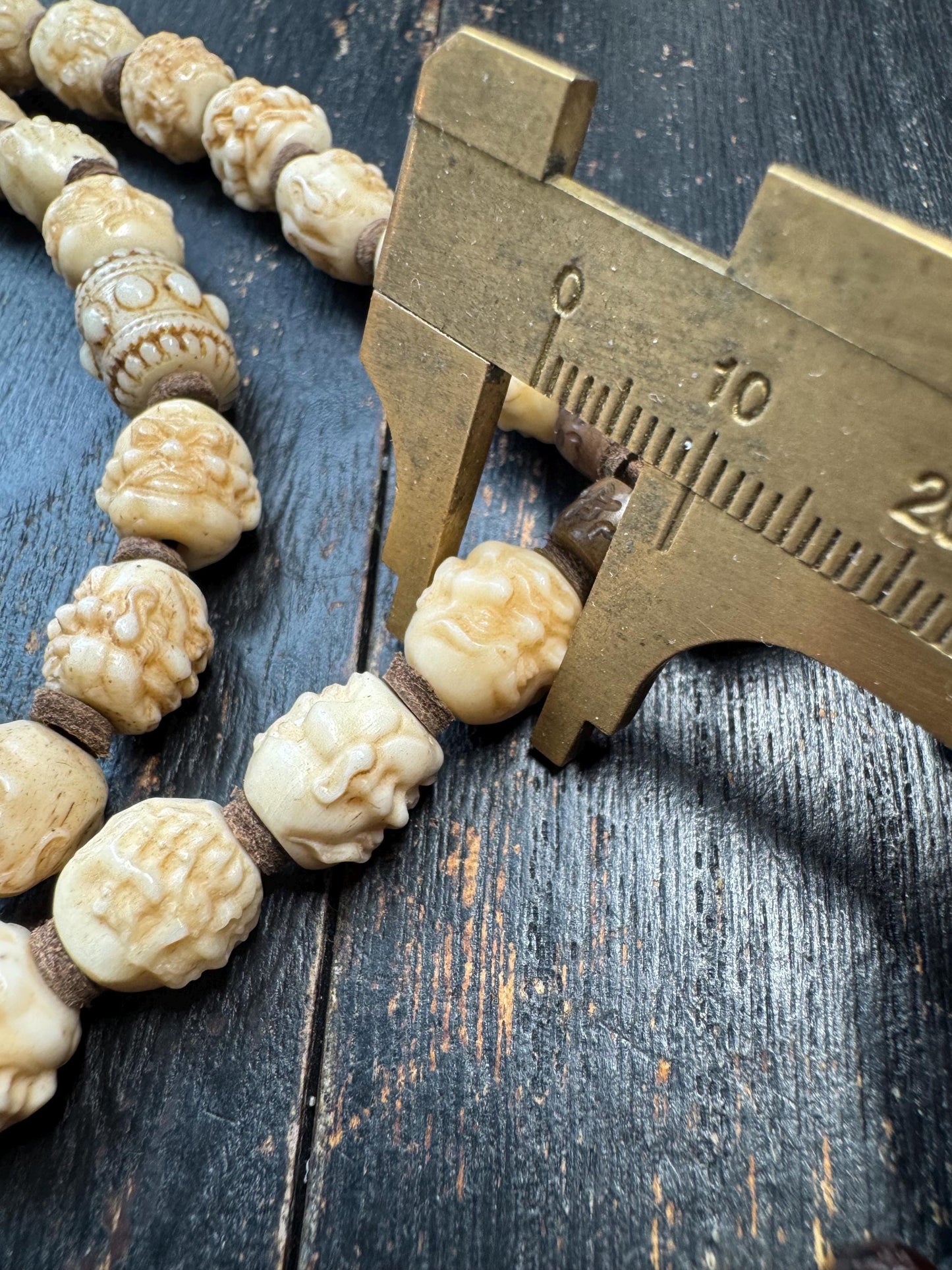 54 Bead Hand Carved Arhat Mala Necklace | Yak Bone Face Beads | 18 Arhat Inspired Design | 26 Inches | One of a Kind