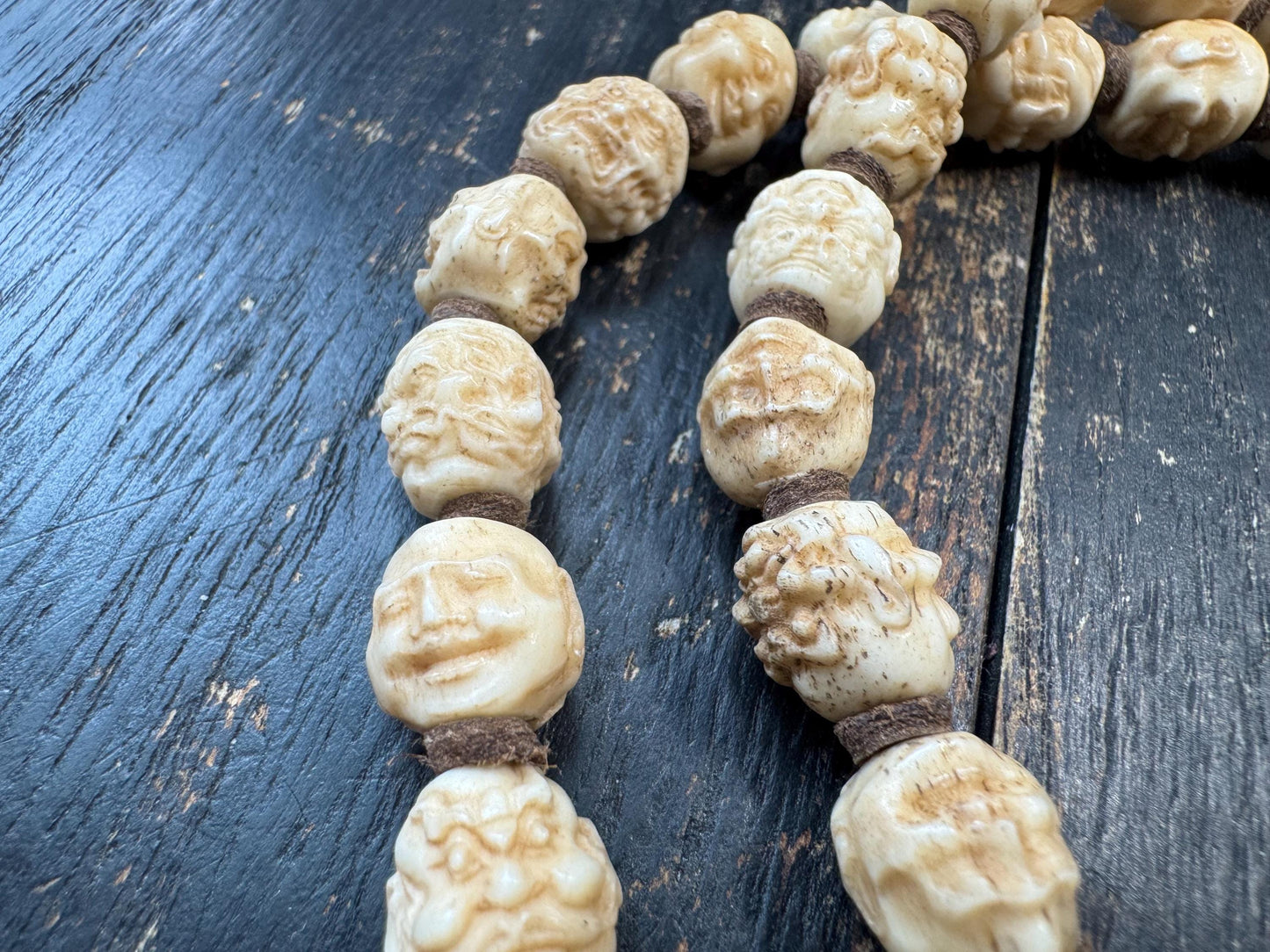 54 Bead Hand Carved Arhat Mala Necklace | Yak Bone Face Beads | 18 Arhat Inspired Design | 26 Inches | One of a Kind