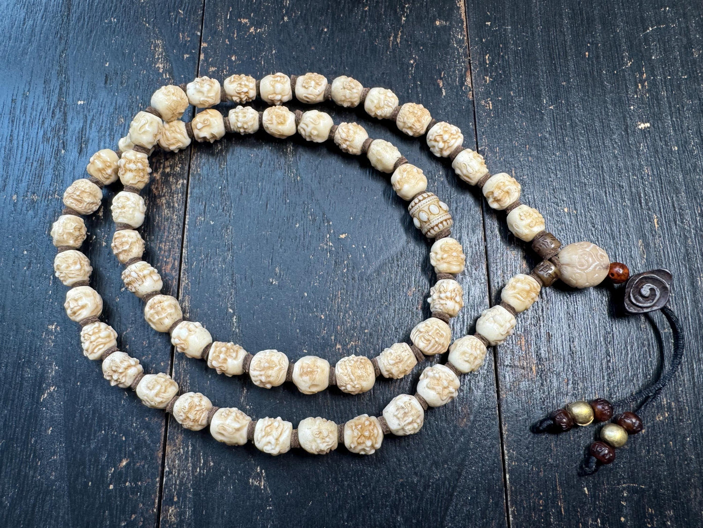 54 Bead Hand Carved Arhat Mala Necklace | Yak Bone Face Beads | 18 Arhat Inspired Design | 26 Inches | One of a Kind