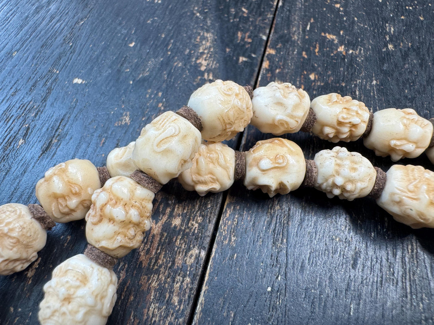 54 Bead Hand Carved Arhat Mala Necklace | Yak Bone Face Beads | 18 Arhat Inspired Design | 26 Inches | One of a Kind