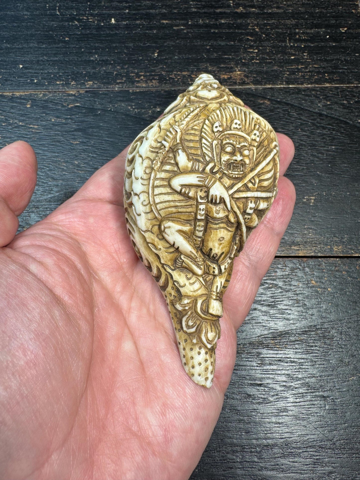 Hand Carved Tibetan Conch Shell Mahakala | Wrathful Deity Sculpture | Himalayan Buddhist Protector | Ritual Altar Decor | Rare Skull Form