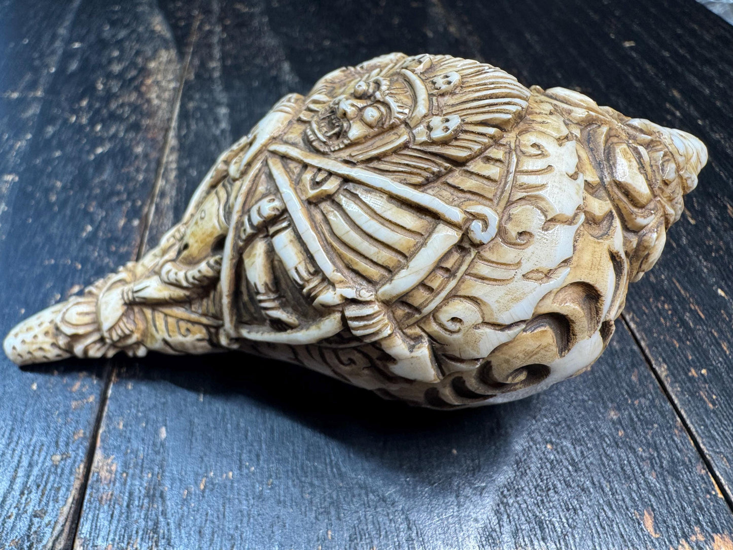 Hand Carved Tibetan Conch Shell Mahakala | Wrathful Deity Sculpture | Himalayan Buddhist Protector | Ritual Altar Decor | Rare Skull Form